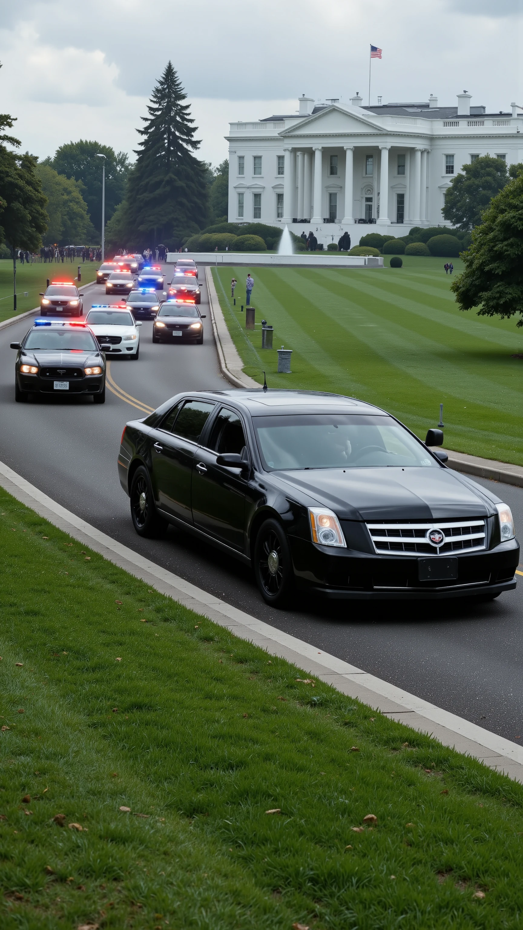  in high-definition images(photorealism:1.2)、The US President's car、Leaving the entrance to the White House.、Multiple police patrol cars are glowing red、The beautiful lawn of the White House is dazzling.、The White House is the protagonist、can be seen in a panorama of the presidential car and patrol car。