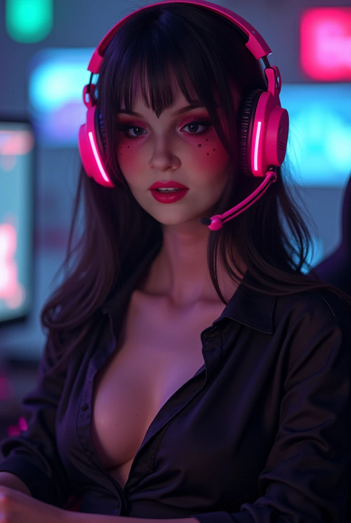 there is a woman in a black bra top and headphones playing a game, techno mystic goddess, belle delphine, twitch streamer, dark purple hair and cybernetics, ( ( ( synthwave ) ) ), inspired by Amanda Sage, synthwave style, fashwave, streaming on twitch, amouranth, still from a music video, profile picture 1024px