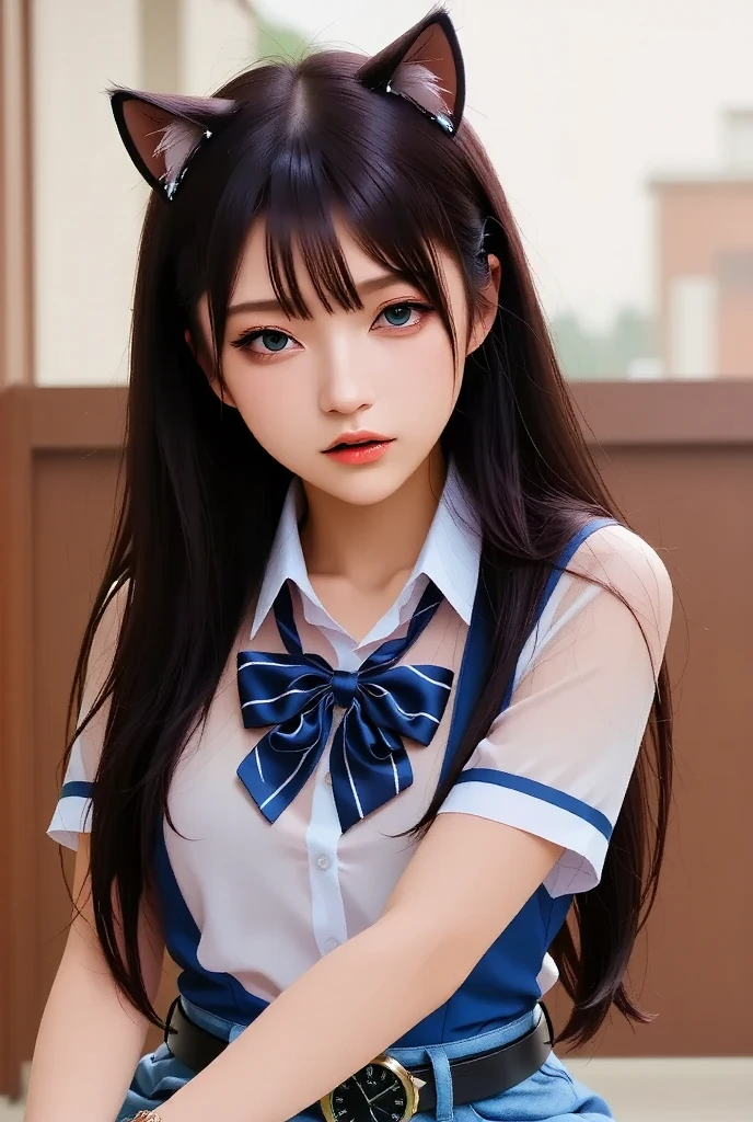 (masterpiece:1.2, highest quality), (Realistic, photoRealistic:1.4), Beautiful illustrations, 
View your audience, whole body, Front view:0.6, 
1 girl, Japanese, high School girl, (Long Hair:1.5), Hair fluttering, (Half Up, Half Updo), bangs, Hair between the eyes, Big Breasts:0.8, Upper body naked、Exposing her breasts、Beautiful hair with exposed nipples, Beautiful Face, Beautiful Eyes, Beautiful clavicle, Beautiful body, Beautiful breasts, Beautiful thighs, Beautiful legs, Beautiful fingers, 
(Beautiful views), , School,
((Collared short-sleeved shirt, White shirt, , Grey plaid pleated skirt, Blue checked bow tie)), White panties, 
(Are standing, , Please lift your skirt, Grab the hem of the skirt, Please place your hand on your chest, Place your hands between your legs), 
blush, 