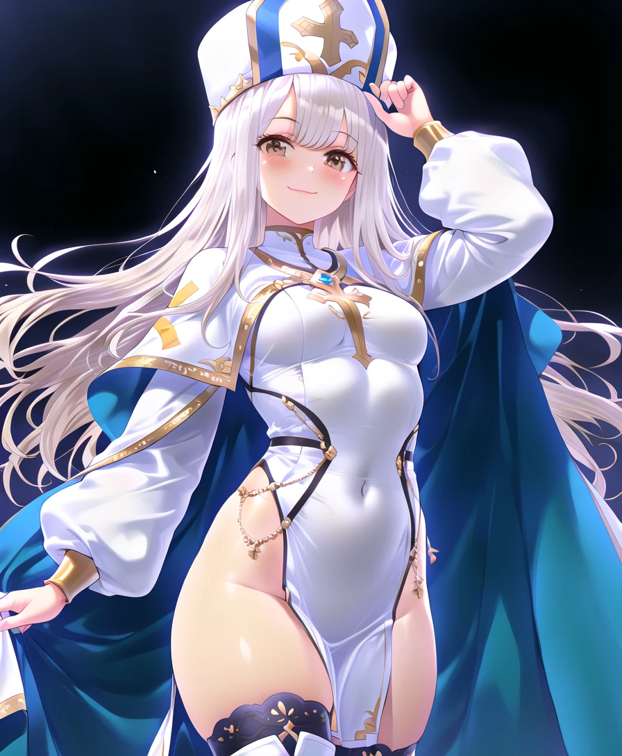 (highest quality)、((Super detailed))、(Ultra delicate)、Cute Pope、、Silver Hair、Beautiful breasts、Beautiful thighs、Gorgeous gold and silver vestments、Fantastic Light、god々しいgod殿
