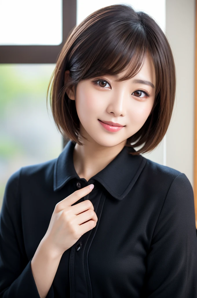 table top, highest quality, realistic, super detailed, finely, High resolution, 8k wallpaper, 1 beautiful woman,, light brown messy hair, wearing a business suit, sharp focus, perfect dynamic composition, beautiful and fine eyes, fine hair, Detailed realistic skin texture, smile, upper body photo、 model body shape,smile、Japanese beauty、20-year-old、short cut hairstyle、show cleavage、Night view of New York、blur the background、