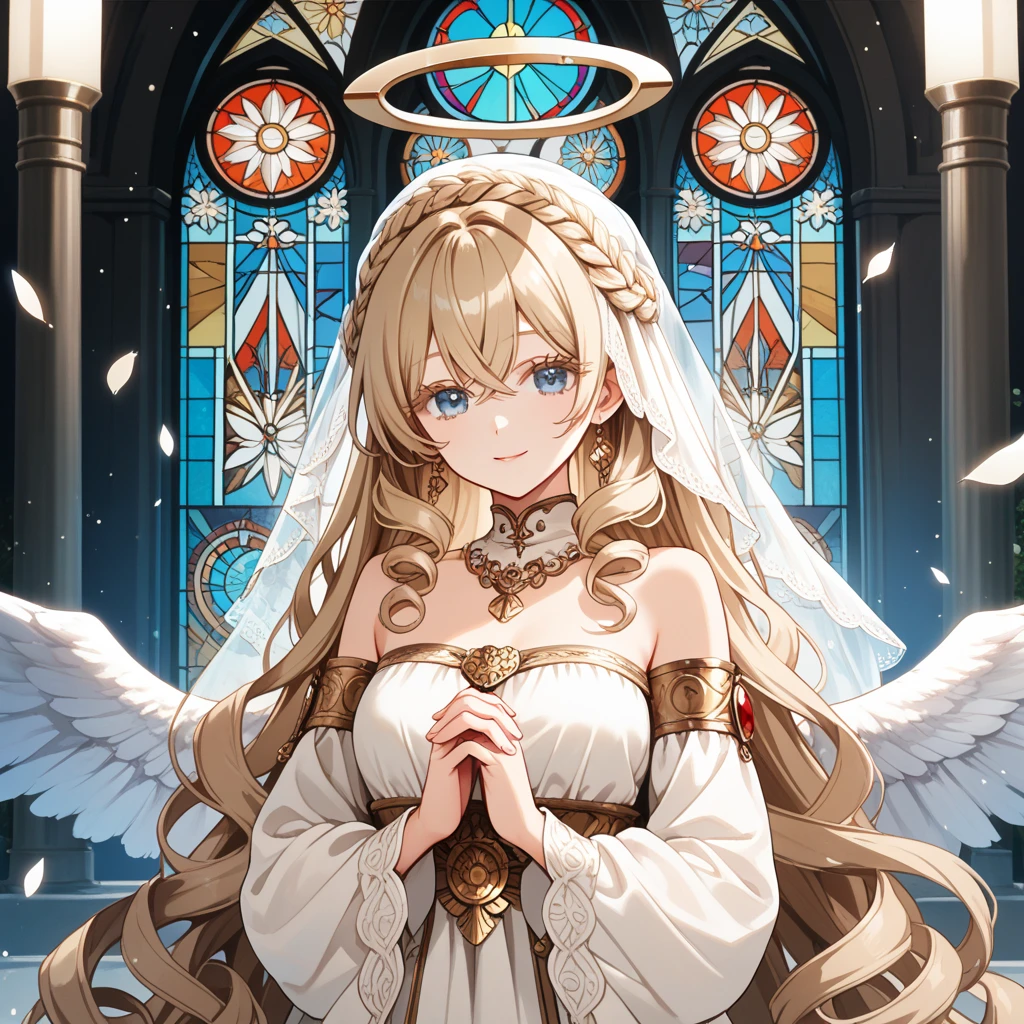masterpiece,(bestquality),highlydetailed,ultra-detailed,in a gothic cathedral,spiritual atmosphere,in the presence of God,soft daylight coming through stained glass windows,angelic halos,mature female,milf,mature,blonde hair, wavy hair with big curls, long hair, ample bosom, blindfolded, alluring, French woman,expressing devotion and purity,white habit with black veil and rosary,candlelit corridor,mysterious shadows,peaceful serenity,holy cross,divine light,tranquil meditation,(quiet dignity:1.2),humble and compassionate expression,praying hands,sacred heart,white light radiating from the heavens,heavenly choir singing,aurora borealis in the night sky,faint scent of incense,figurative statues representing saints and angels,flickering candlelight creating a warm ambiance.