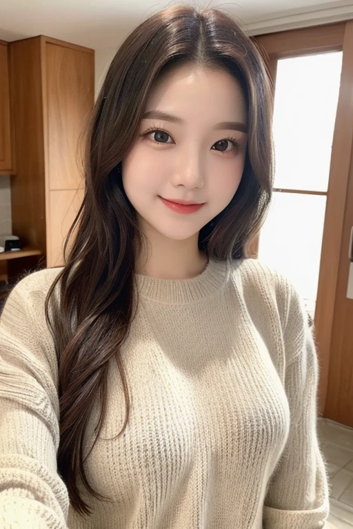 ((highest quality, 8k, masterpiece: 1.3)), One Girl, The beauty of slim abs: 1.3, (Long Hair、casual, Big Breasts: 1.2), White off-the-shoulder sweater with an open chest: 1.1, Super Fine Face, Delicate eyes, double eyelid, smile, Home