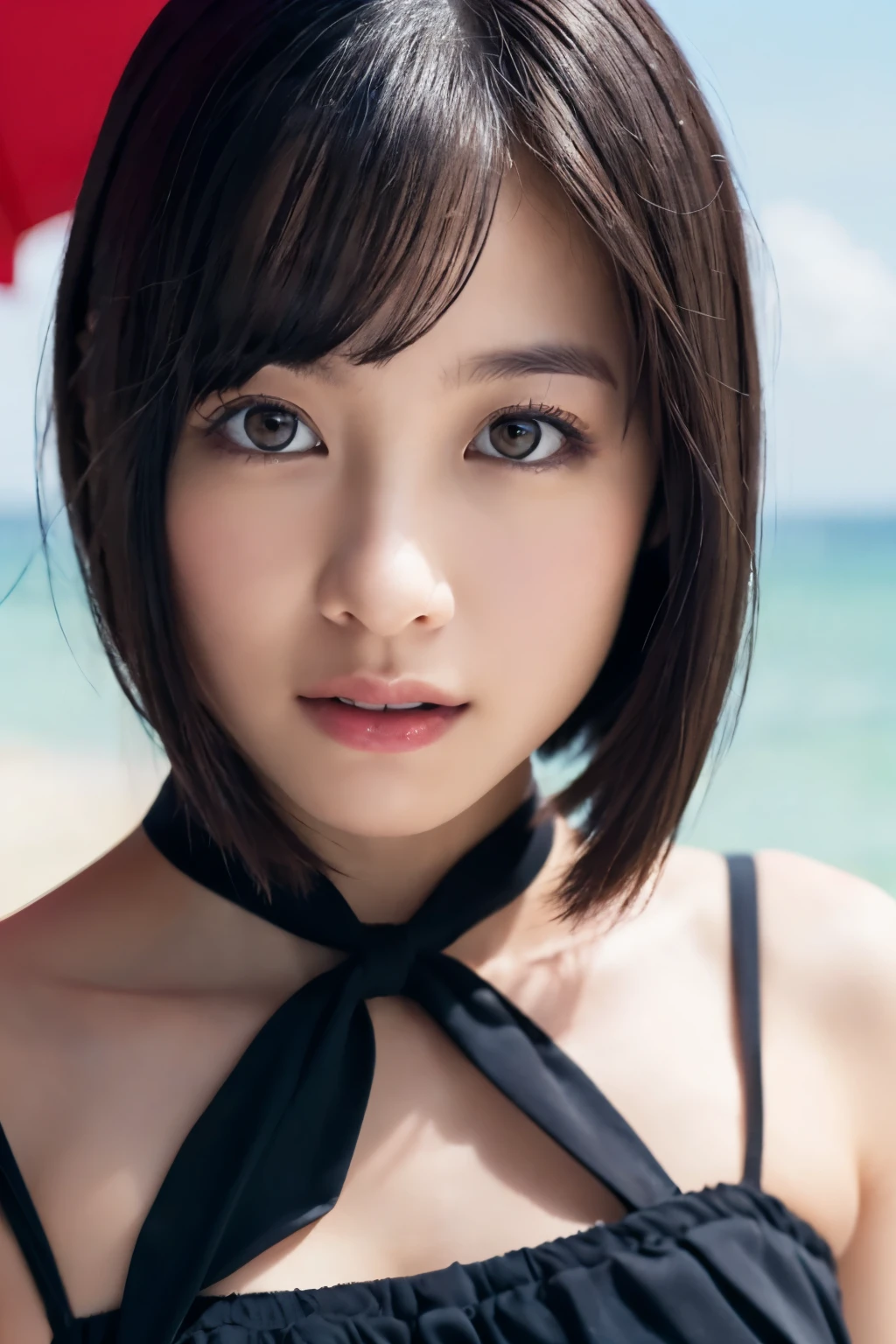 ((Highest quality)),((8K、32k)),(Genuine)、(detailed)、((Beach))、((Bust up shot))、((face closeup))、(White skin)、(Big Breasts)、The best balance between face and shoulder width、Micro Bikini、Shiny Hair、Short Bob、Glowing Skin、Japanese、beauty、Looking into the camera、Thick lips、kawaii、Hehehe:1.2、Shot with a film camera、RAW shooting、#24、Genuine、フォトGenuine:1.4、Photon Mapping、Physically Based Rendering、Perfect Anatomy、detailedなデコルテ、detailedな目、detailedな二重、detailedな咬筋、detailedな鎖骨、Perfect Fingers、Finger Description、(品質 8K)、((White skin))、Avoid mascara、Hair with movement、detailedな毛穴、Natural light、detailedな描写、Blushing、Fine pores、Perfect cleavage、masterpiece、Blushing、detailedな腹筋、sexy、detailedな脇の下、(slender)、(Upper Body)、detailedな目元、1 person、
