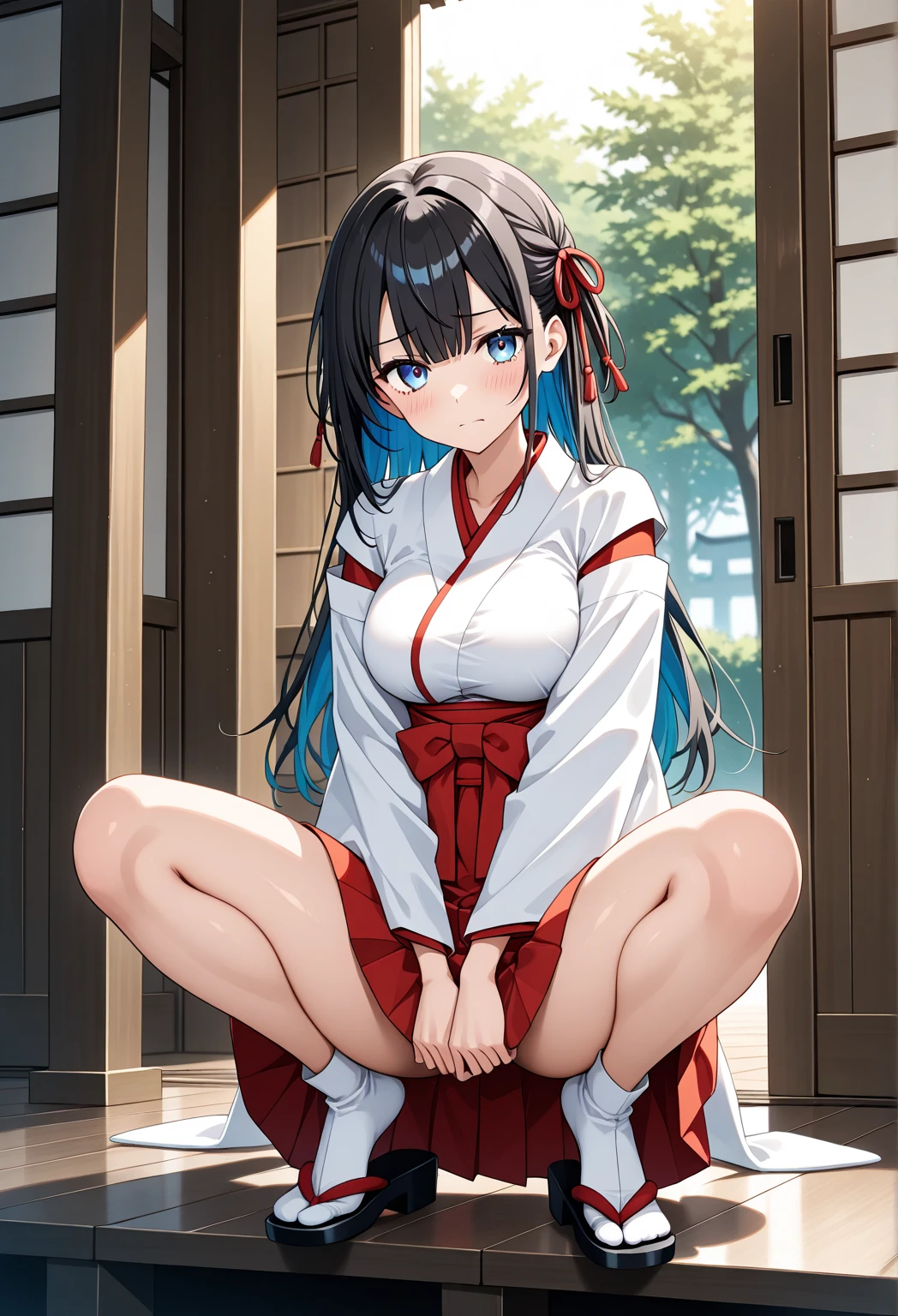 {{Bondage}}, {{Restraint、srestrained]], {{{{shibari over clothes}}}}, {{Open your clothes}}, {{{{White kimono, Red Hakama}}}}, NSFW, One Woman, {{crouching down}}, {{M-shaped legs}}, arm behind back, {sad}, {tearful},irate、 Barefoot, 年轻, {slender}, Long black hair, Blunt bangs, {{hair adornments}},, small tits, {{Indoor}}, {{{Japan shrine altar}}}, Cowboy Shot, Facing the front, face perfect, Perfect Anatomy, Convoluted, (Highly detailed),