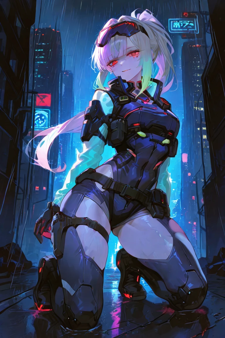 (best quality,4k,8k,highres,masterpiece:1.2),ultra-detailed,realistic,physically-based rendering,vivid colors,cyberpunk sexy blonde elf wizard,neon lights,cityscape,leather outfit,goggles,glowing tattoos,electric blue hair,futuristic staff,mysterious aura,technological enhancements,magical spells,nighttime scene,high-rise buildings,flying cars,artificial intelligence,advanced cybernetics,gritty atmosphere,steampunk elements,enchanted forest,enchanted runes,symbolic tattoos,glowing eyes,metallic accents,blurred background,wind blowing hair,confident expression,emerald green eyes,magical energy flowing,enchanted potions,electric blue lighting,smoky/dark atmosphere,interactive holograms,urban decay,grunge textures,mystical creatures,hovering objects,laser beams,meticulously detailed armor,electric sparks,ancient ruins,nightclubs,thrilling adventure,dark alleyways,futuristic technology,jaw-dropping visuals,exciting action
