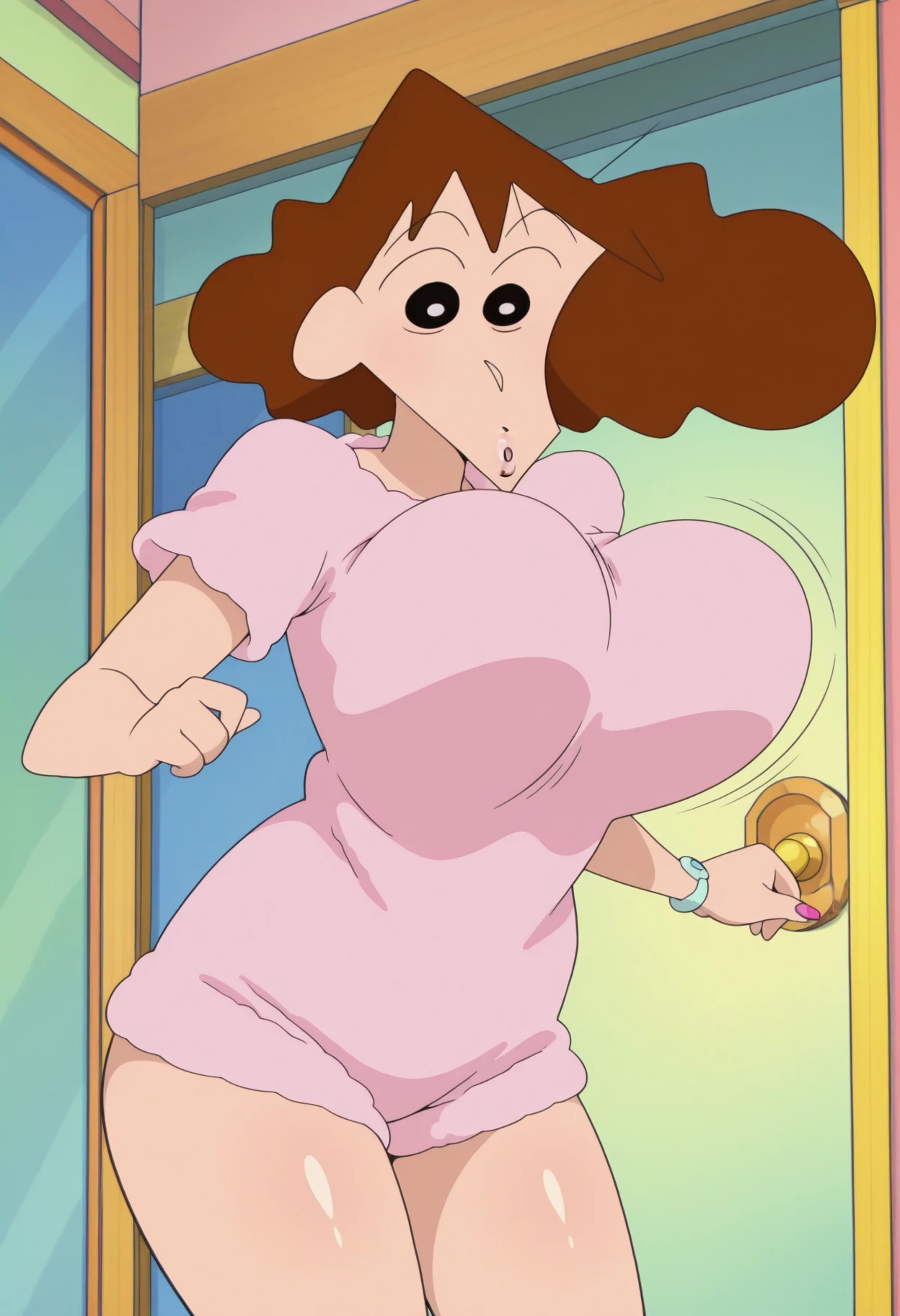 Misae Nohara, (Auntie:1.5), (Mature Woman:1.5), (absurderes, 8K, 4K, masutepiece, hyper extreme detailed:1.2), Best Quality, Perfect Anatomy,Perfect face,High humidity, (Huge breasts:1.7), (A sheer pink nightgown:1.5), (Wet:1.4), Sitting on the floor, (Alley:1.3), Graffitied wall, Garbage can, Scattered trash, (alone:1.5), (Brown eyes:1.2), (Clothing is revealing:1.2), Exposed shoulders, Torn clothes, Are pregnant, Firm breasts, Upturned nipples, Showing cleavage, Mole on chest, (Thick armpit hair:1.4), (blush:1.2), A kind smile, relief, peace of mind, (maternal:1.3), (Gentle look:1.5), Smiling face, (Outdoor:1.5), (Out:1.3)
