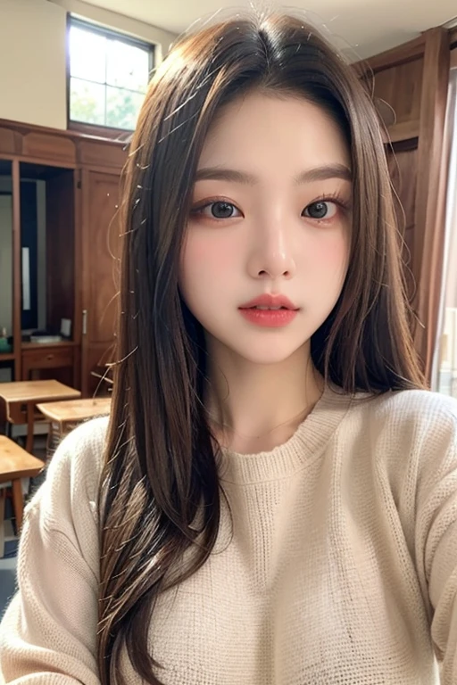 Young woman in Japan with beautiful black hair is standing、I can only see the lower half of her face、Wearing a thin white summer knit for summer、Leonardo da Vinci detailed blueprint background, paintings and inventions、Beautiful woman in Japan is standing、A 20-years old Japanese with puffy eyes and pale skin stands in front of a blueprints by Leonardo da Vinci. Her silver, Medium length hair、Frame the shy face while glancing at the viewer. Her purple eyes stand out against her simple white turtleneck sweater. The full-body portrait is photorealistic and sharply focused, showcasing a vintage aesthetic akin to an Instagram filter. The professional lighting highlights her glossy skin and the high-quality rendering.
