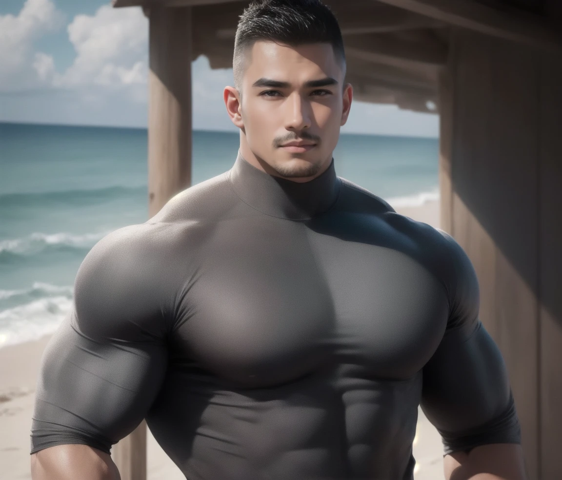 There is only one handsome Asian actor in the picture,35 years old,Tall and handsome, Toned body,short hair, O-Shaped Beard,Perfect body, Dark skin,Glowing skin,Smooth skin,The body is hairless,Muscle bulge, Muscular, Very large pectoral muscles,Very sexy abdominal muscles,Very well-developed leg muscles,Huge concave and convex area,Brightens oily skin,Wearing a white leather shiny thong,Handsome face, Correct and accurate male body proportions, Wear white leather socks,Stand among the flowers。