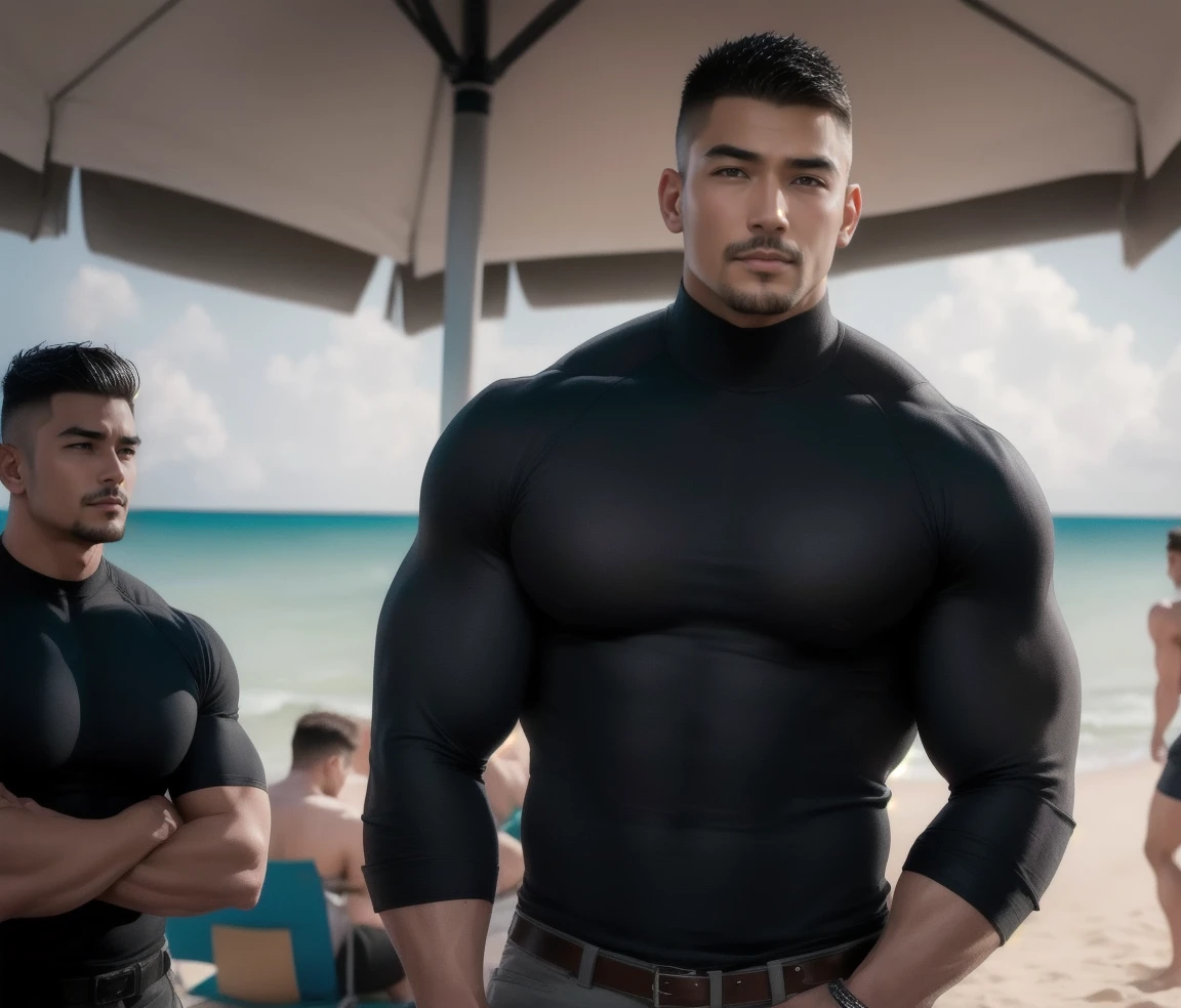 There is only one handsome Asian actor in the picture，30 years old，Tall and handsome, Toned body，short hair, O-Shaped Beard，Perfect body, Dark skin，Glowing skin，Smooth skin，The body is hairless，Muscle bulge, Muscular, Very large pectoral muscles，Very sexy abdominal muscles，Very well-developed leg muscles，Huge concave and convex area，Brightens oily skin，Wearing a gold leather shiny thong，Handsome face， Correct and accurate male body proportions, Stand among the flowers。