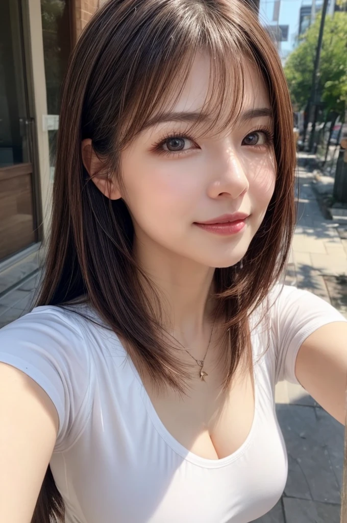 highest quality、超A high resolution、(Realistic:1.4)、beauty、Japan Instagrammers、26 years old、Selfie、Highly detailed eyes and face、Beautiful and exquisite、eyeliner、High nose、Small face、night、Written boundary depth、Blurred Background、High resolution、More about 8k wallpaper、Highly detailed 8k wallpaper、Hair length、Light brown hair、Neat medium hairstyle、Selfie、Very small breasts、Realistic eyes, thin narrow eyes、Beautiful Eyes、Laughter、camisole、pajamas、thin、A thin、Slender body line、Selfie、In the room