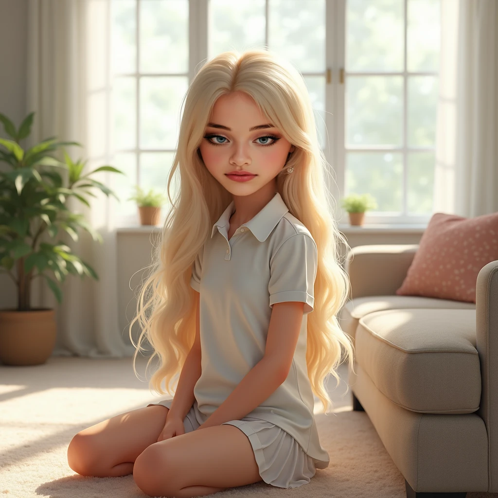 blond woman sitting on a rug in a room with a window, realistic cute girl painting, adorable digital painting, realistic digital painting, realistic art style, beautiful digital illustration, gorgeous digital painting, stunning digital illustration, beautiful blonde girl, beautiful digital painting, realistic digital illustration, realistic artstyle, very realistic digital art, photorealistic digital painting, beautiful digital artwork