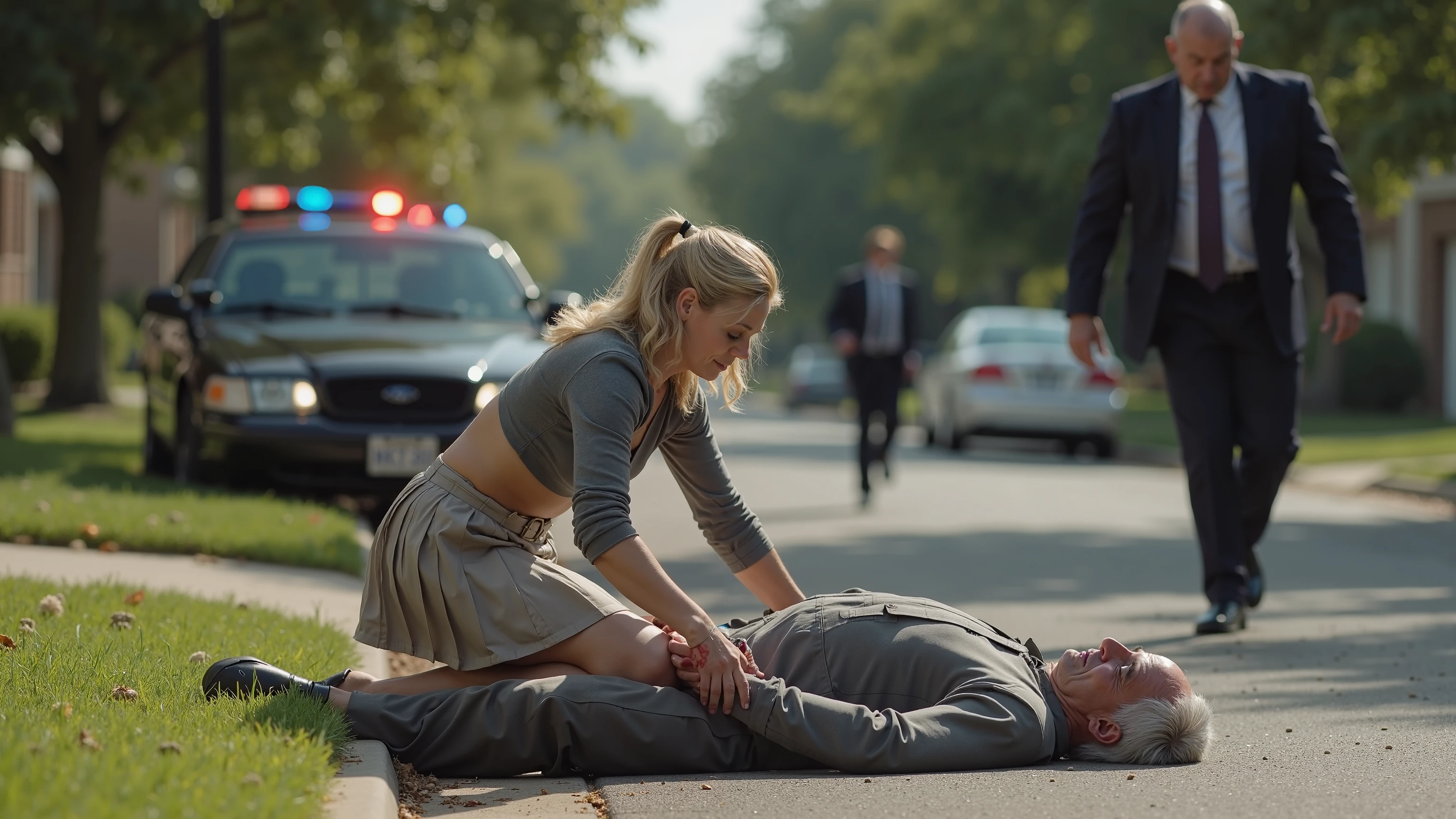 there is a desperately shouting woman holding a consciousless and wounded man in the air on a dirt road, a beautiful blond woman, a intensly madeup blond woman, a young and stylish young woman, internet meme, hrushevka on background, cursed images, crucifixion of conor mcgregor, cursed image, photo-shopped, background is a slum, donald trump as a homeless man, photobashing, brutal fight, an ahoge stands up on her head, backyard wrestling, creepy!!!