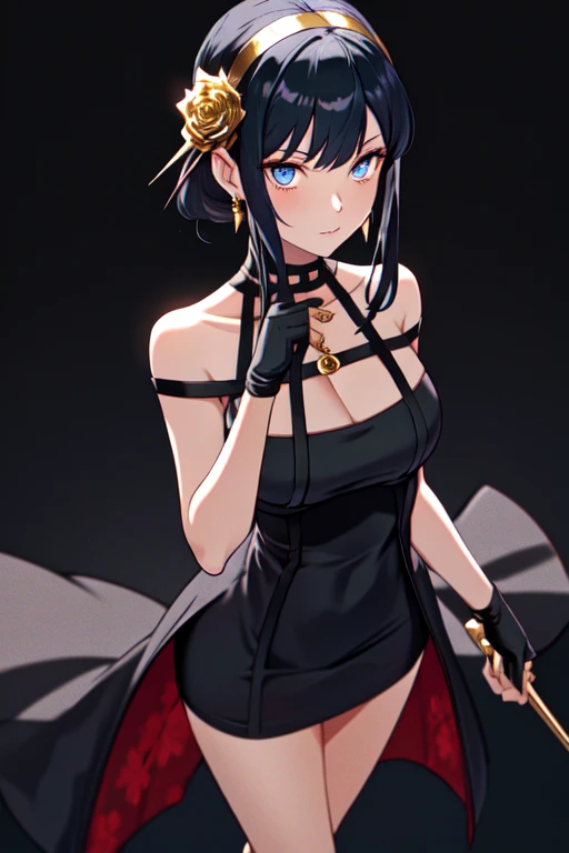 Masterpiece, 1girl, alone, yor forger, Best quality, High Resolutions, aayorf, side locks, gold hair band, hair ornament, black hair, red eyes, gold earring, big breasts, choker, bare shoulders , black dress, two-sided dress, Fingerless gloves, Thigh boots, Cowboy shot, Standing, Field, from the side, large breasts, medium waist, medium hips, wide thighs, embarrassed, seductive