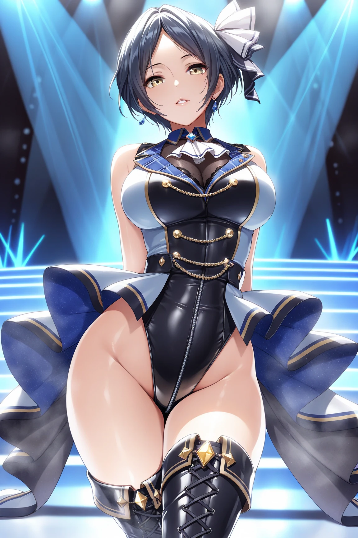 (((masterpiece))), ((highest quality)), (Very detailed), ((High resolution)), ((8k)), One Woman, Big Breasts, Brunette color hair, Double up braid, Long Hair, Long Hairと短髪, Very cute woman, delicate, Charming smile, Green Eyes, Bright Eyes, Best moment, Vivid eyes, cute, Beautiful Skin, cute顔, delicateな腕, Detailed skin texture, Intricate details, Very detailedな顔, Beautiful Eyes, Thighs, Waistline, Casino Venue, Near the slot, ((Bunny girl)), (Fake rabbit ears head dress), Put your hands on your hips, Looking Down,