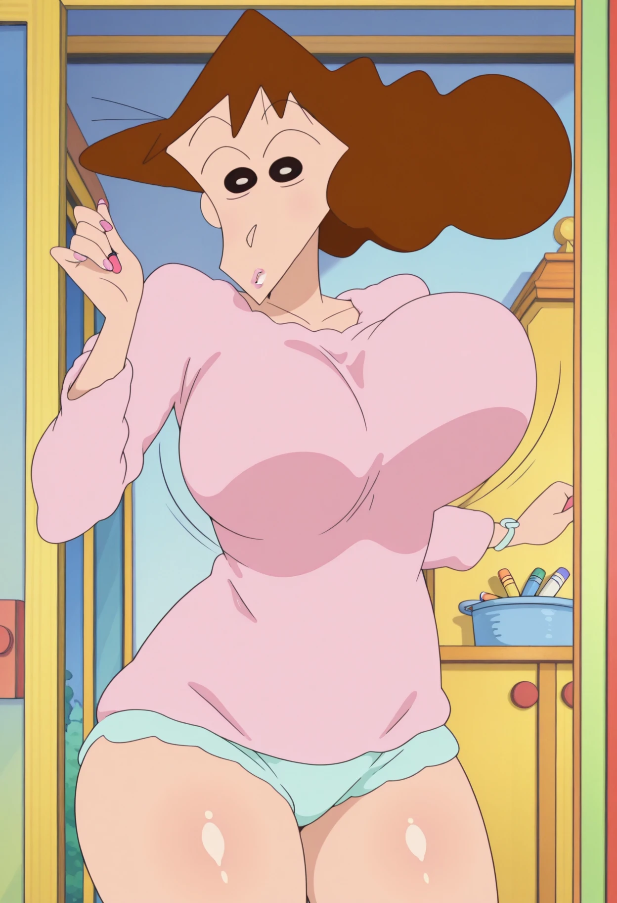 Misae Nohara,(Mature Woman:1.8),(Absurd, 8k, 4K, Tabletop, Extremely detailed:1.2), highest quality, Perfect Anatomy,Perfect Face,Look forward,High humidity,(Sweaty:1.3),(Huge breasts:1.9),(Pink sheer nightgown:1.5),(Wet:1.4),Sitting on the floor,(In an abandoned house:1.5),(Tattered walls:1.3),(Dirty floor:1.3),(alone:1.5),blush,shameずかしい,shame,(Brown eyes:1.2),anxiety,(Clothing is revealing:1.2),Exposed shoulders,Torn clothes, Are pregnant