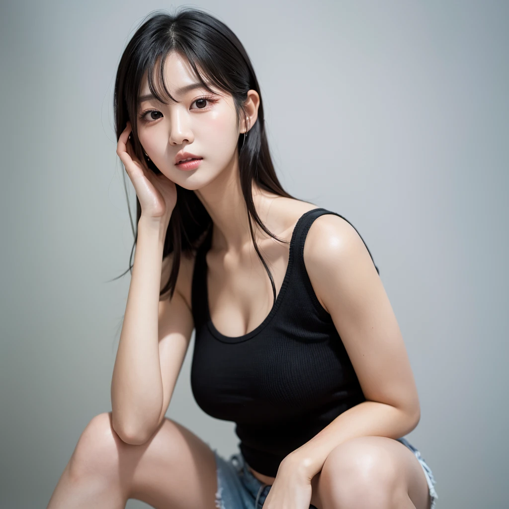 Top image quality、Raw photography、超A high resolution、An 18-year-old woman、Shooting for one person only、modelshoot、big round chest、Tank Tops、short trousers of black color、Beautiful Eyes of Details、very elongated eyes、Beautiful eyelashes、Beautiful double eyelids、white walls、Beautiful waist、very slender legs、Shorthair with light brown hair、very slender physique