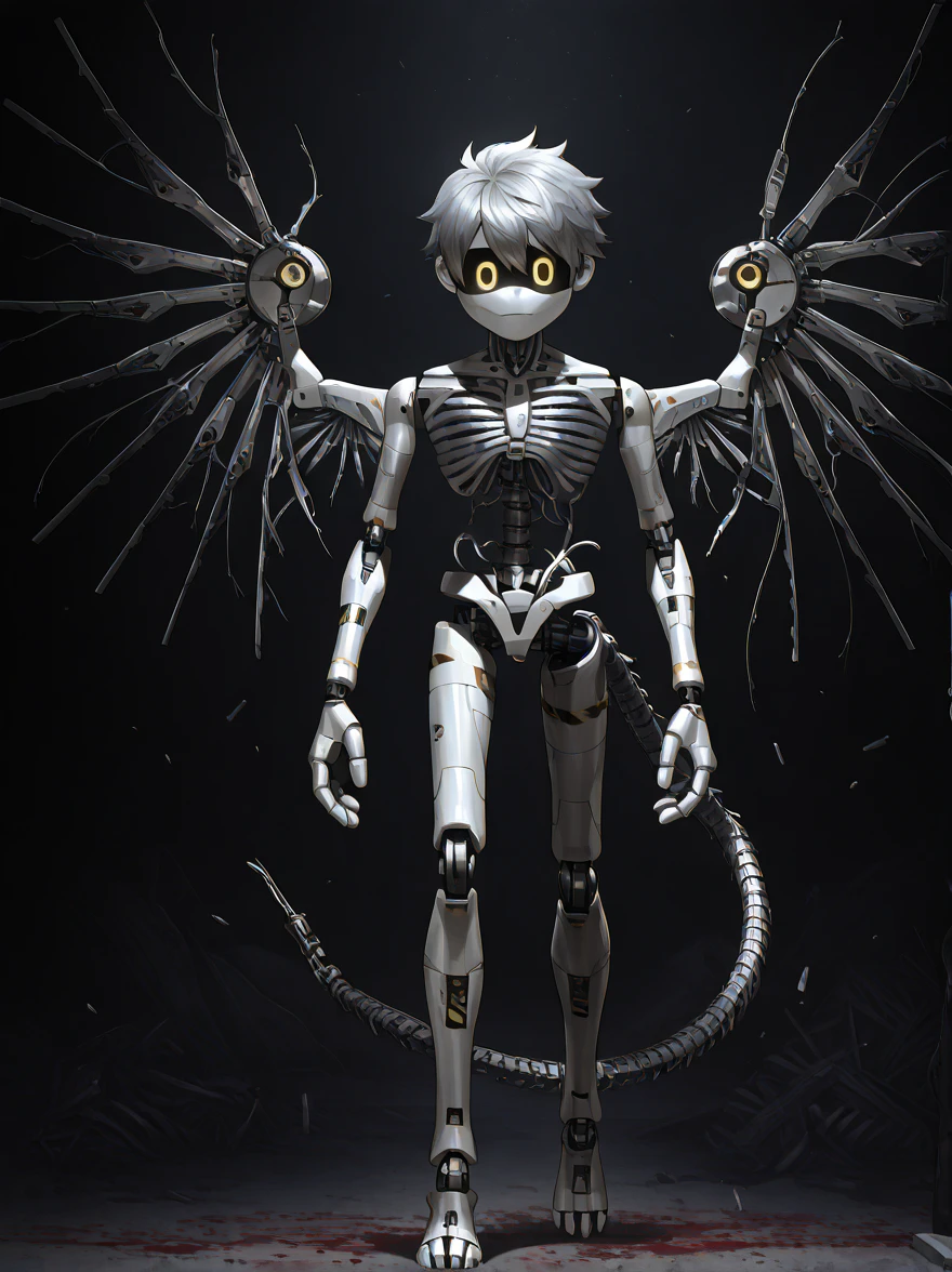hyperrealistic, ultrarealistic, 8K, HD, masterpiece, anime, detailed anime design, anime manga, detailed illustration, anatomically correct, highly detailed, series designation N SDXL, drone disassembly: 1 drone, male drone, tall drone, alone, eyes, detailed eyes, blue eyes, bright yellow eyes, beautiful eyes, perfect eyes, full eyes, eye below ear, gray hair, two-tone gray hair, detailed two-tone gray hair, short hair, detailed short hair, perfect hair, cute expression, serious expression, no smile, full body image, detailed body, perfect body, detailed body image, full body, standing, wings, metallic wings, detailed metallic wings, shiny wings, perfect wings, correct wings, stinger tail, long tail, detailed tail, correct tail, perfect tail, drone face, detailed drone face, perfect drone face, full drone face, digital face, face detailed digital, endoskeleton, highly detailed endoskeleton, deformed wires, detailed deformed wires, no duplicate arms or legs, no duplicate limbs, thin body, male body, detailed body, cute face, detailed face, night, standing, elegant background, illustration, destroyed city around, blood around detailed, perfect destroyed city, elegant destroyed city, blood around full, best quality, masterpiece, photorealistic, raw photo, full body, correct skin male drone, perfect skin, detailed skin, skin, thin, thick, horror (theme), dramatic lighting, depth of field, no duplicate hands or fingers, no duplicate limbs, no detailed duplicate limbs, hands, anatomically correct hands, anatomically detailed hands, detailed hands, perfect hands, complete hands, correct hands, beautiful hands, fingers, anatomically detailed fingers, anatomically correct fingers, anatomically perfect fingers, anatomically complete fingers, beautiful fingers, no artist mark, no detailed artist mark, no mark perfect artist mark, no full artist mark, no high artist mark resolution.
