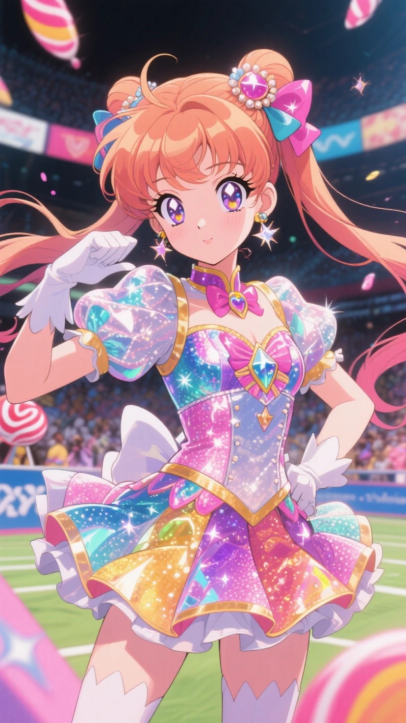 figure skating,dancing on grand ice skating exhibition,crowd, cinematic lighting, high quality, masterpiece, <lora:girllikefigureskating:.6>
sailor chibi moon, pink hair, twintails, hair ornament, pink eyes, pink glittery dress, looking at viewer, smiling, happy, blush, medium shot, arm raised, <lora:sailor_chibi_moon:.8>