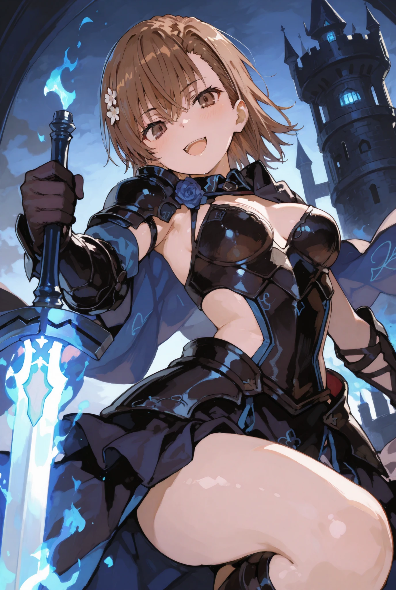 LeinaQuiron woman, breasts, blush, blue eyes, blonde hair, large breasts, cleavage, braid, hairband, armor, twin braids, side braid, short hair with long locks, buckle, shield BREAK (masterpiece, best quality:1.3), 4k, ultra-detailed, trending in pixiv, intricate details, detailed background, detailed eyes, BREAK (in the castle, outdoors:1.4), BREAK 1girl, solo, (upper body, arms behind head, looking at viewer, happy smile, blush, closed mouth:1.3), (contrast, light particles:1.2), (shiny skin:1.3)