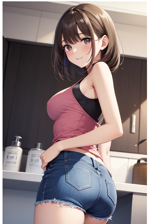 Ochako Uraraka, tight white spaghetti strap t-shirt, medium breasts, hard nippless, micro boyshorts floreado, black mid thigh stockings. standing, bedroom, perfect body, perfect legs, perfect arms, perfect hands, Masterpiece, detailed