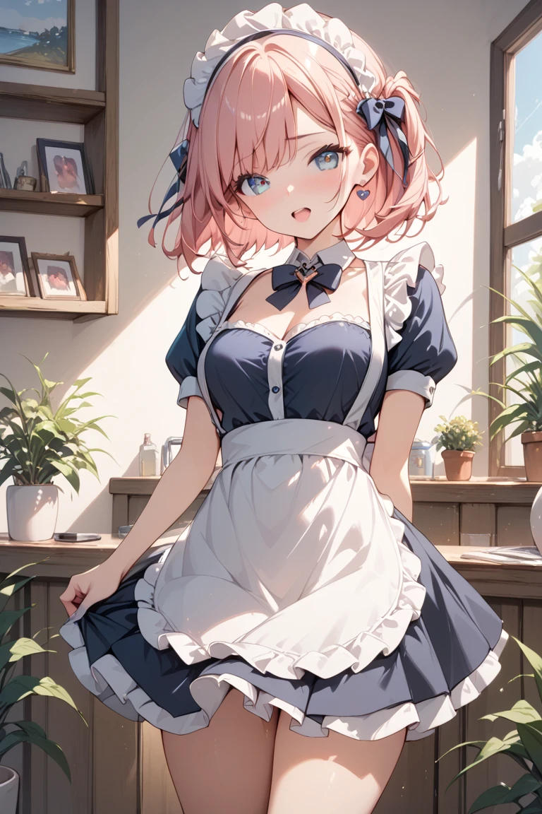 i was silent, Nino Nakano, short hair, bangs, blue eyes, hair ornaments, hair ribbon, pink hair, blunt bangs, two side up, butterfly hair ornaments,smile,blush,big breasts,she was wearing a maid skirt, white stockings on her legs, and lace gloves,Cute standing figure,bare chest,bare shoulders,
break indoors, coffee shop,
break looking at viewer, break (masterpiece:1.2), highest quality, High resolution, unity 8k wallpaper, (figure:0.8), (detailed and beautiful eyes:1.6), highly detailed face, perfect lighting, Very detailed CG, (perfect hands, perfect anatomy),