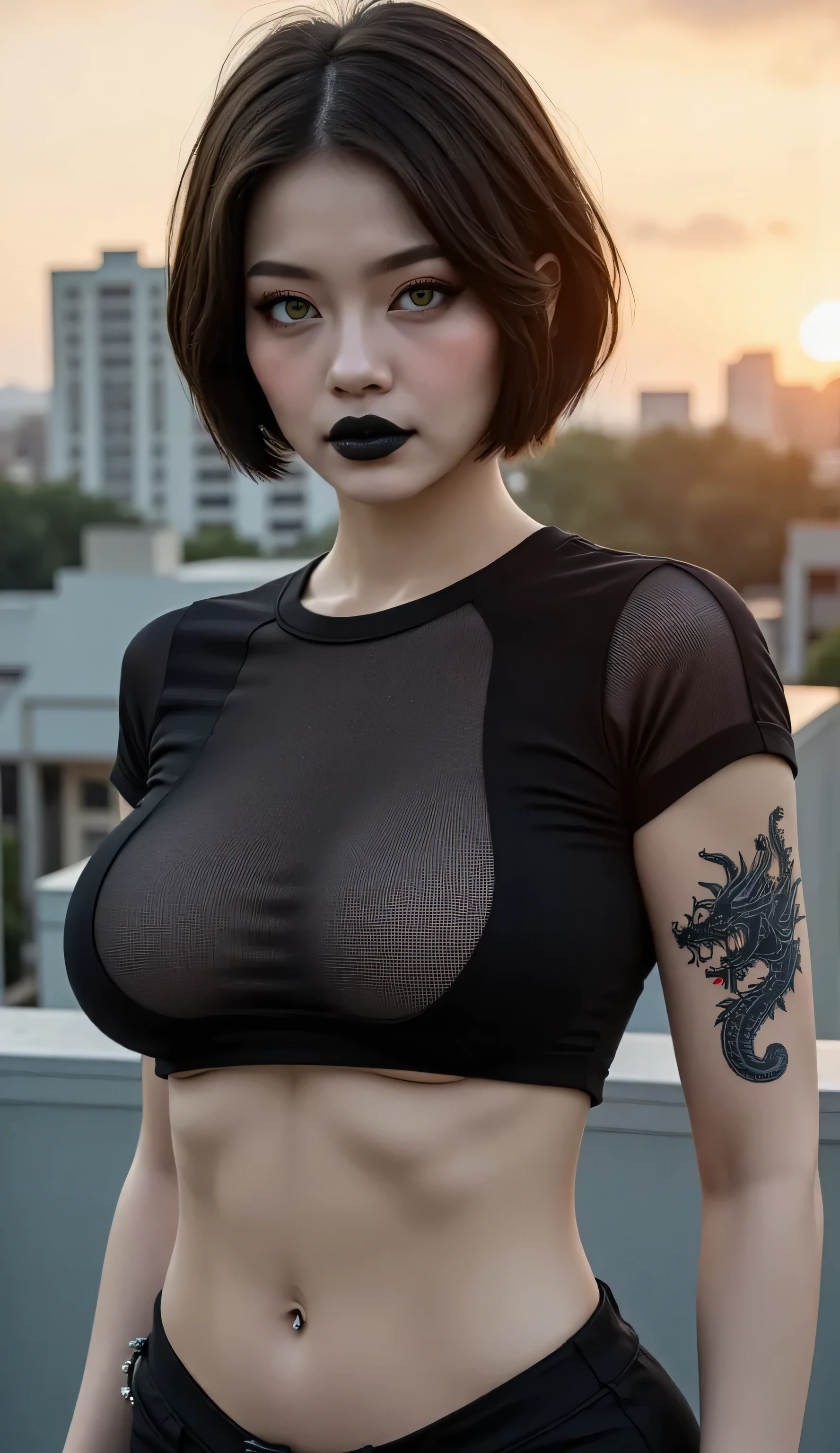 ((realism, photorealistic, life-like photograph, fluxbodybuilder)), 19year female, muscular and athletic, ((black mesh t-shirt, underboob, green eyes, short glossblack hair, abdominal muscles, ((she has a black dragon on her arm, she's wearing denim blue jeans, blackout eyeshadow, goth)), her lips are painted black and slightly parted, she has pale albino white skin)), metal reflections, upper body, outdoors, rooftop, far away city skyline, sunset, professional photograph of a stunning woman, (film grain, bokeh)
