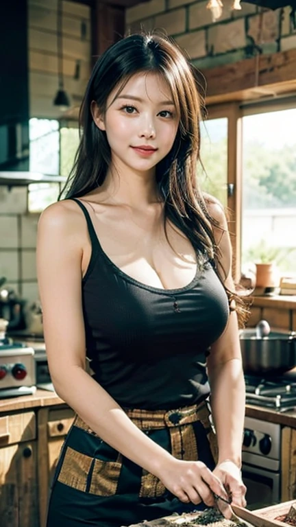 (best quality, 8k, Masterpiece: 1.3), Beautiful woman with a perfect figure: 1.4, dark brown hair, Wear a pendant, Wear an apron, in the kitchen, Highly detailed faces and skin, Detailed eyes, Double eyelids, big breasts