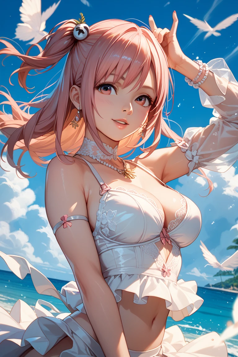 (masterpiece), (best_quality:1.3), (ultra_detailed:1.3), 8k, (((extremely clear))), vivid color,
perfect proportion, perfect anatomy, 1girl, full body, large breasts, exquisite facial features, prefect face, (from above:1.3),(from side), ((serafuku))
serene expression, beautiful gradient hair, (((cute pose))),
intricate adorable beautiful face, hair ornaments,
((pink white thighhighs with Four-pointed star pattern embellishment without shoes)), (topless, bra),
(((Tyndall effect, available light))),
beautiful detailed glow, (detailed ice), beautiful detailed water,
temple in the distance,