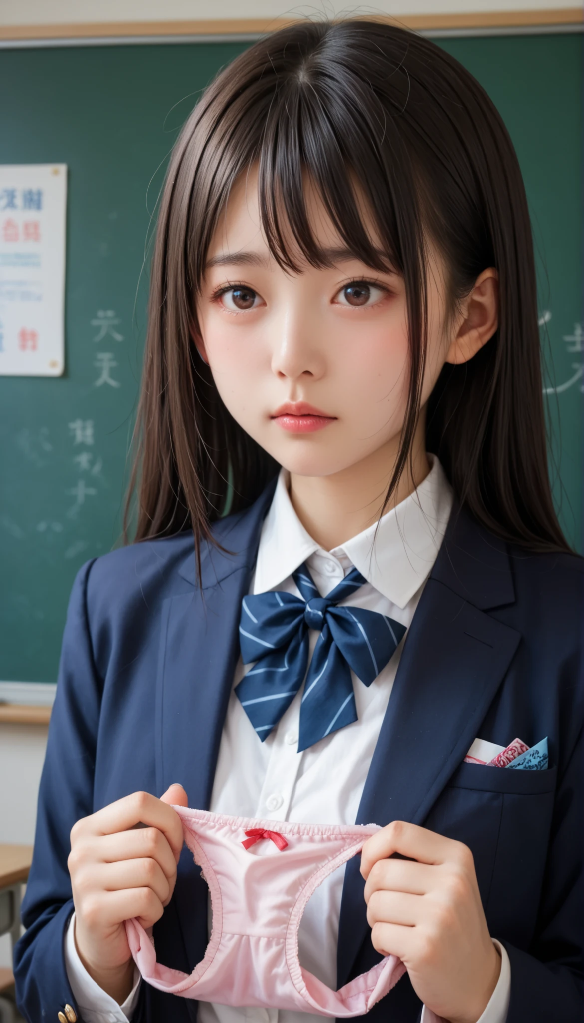 (Shy beautiful girl), very well detailed , RAW color pictures ,( upper body, face:1.3)美しいface, viewers, school uniform blazer , in the classroom 。, sexy string panties , G sling shorts presentation ,((I'm holding my own Tバック)), Simple white panty , ,(( embarrassing))、(( Please suck the hold panties with both hands ))