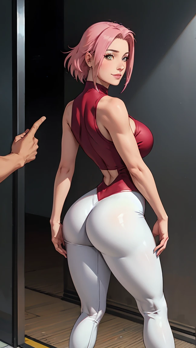 1 girl, A pink hair lady, (red tank top), amazing body (c-cup ??????,toned buttock, rounded ????), (white legging),show that amazing ???, ???? to camera, bend, show that amazing ???