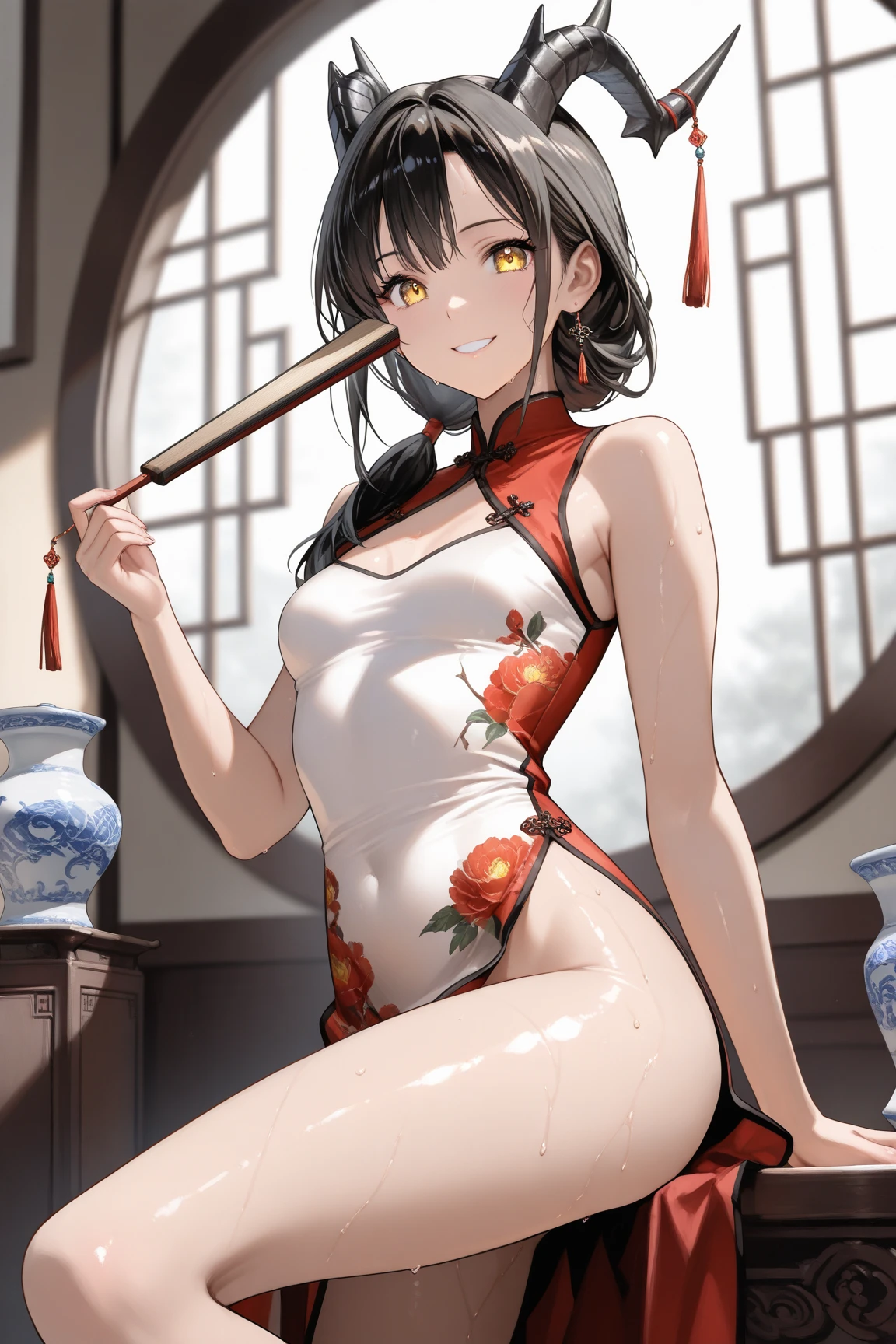 Cutesexyrobutts style, 1girl, breasts, solo, cleavage_cutout, red_hair, hair_over_one_eye, virtual_youtuber, dress, black_hair, clothing_cutout, cleavage, large_breasts, holding, multicolored_hair, long_hair, thighs, looking_at_viewer, smile, china_dress, hair_bun, double_bun, bun_cover, white_dress, mahjong_tile, chinese_clothes, streaked_hair, mahjong, bare_shoulders, earrings, jewelry, ear_piercing, sitting, off_shoulder, tassel, bangs, piercing, blue_eyes, hand_up, closed_mouth, alternate_costume, sleeveless, bare_legs