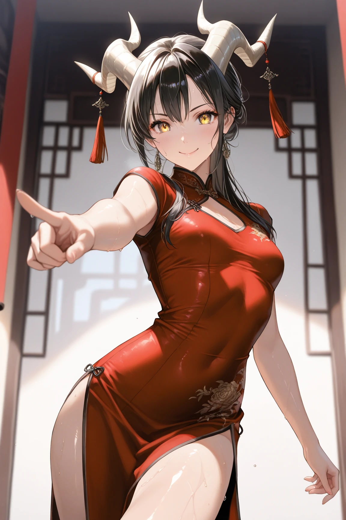 Indonesian teenage girl. White skin. Rookie martial artist. Indonesian silat. Red silat outfit. Flat chest. Brown hair. At the temple. Beautiful teenage face. Cute smile.