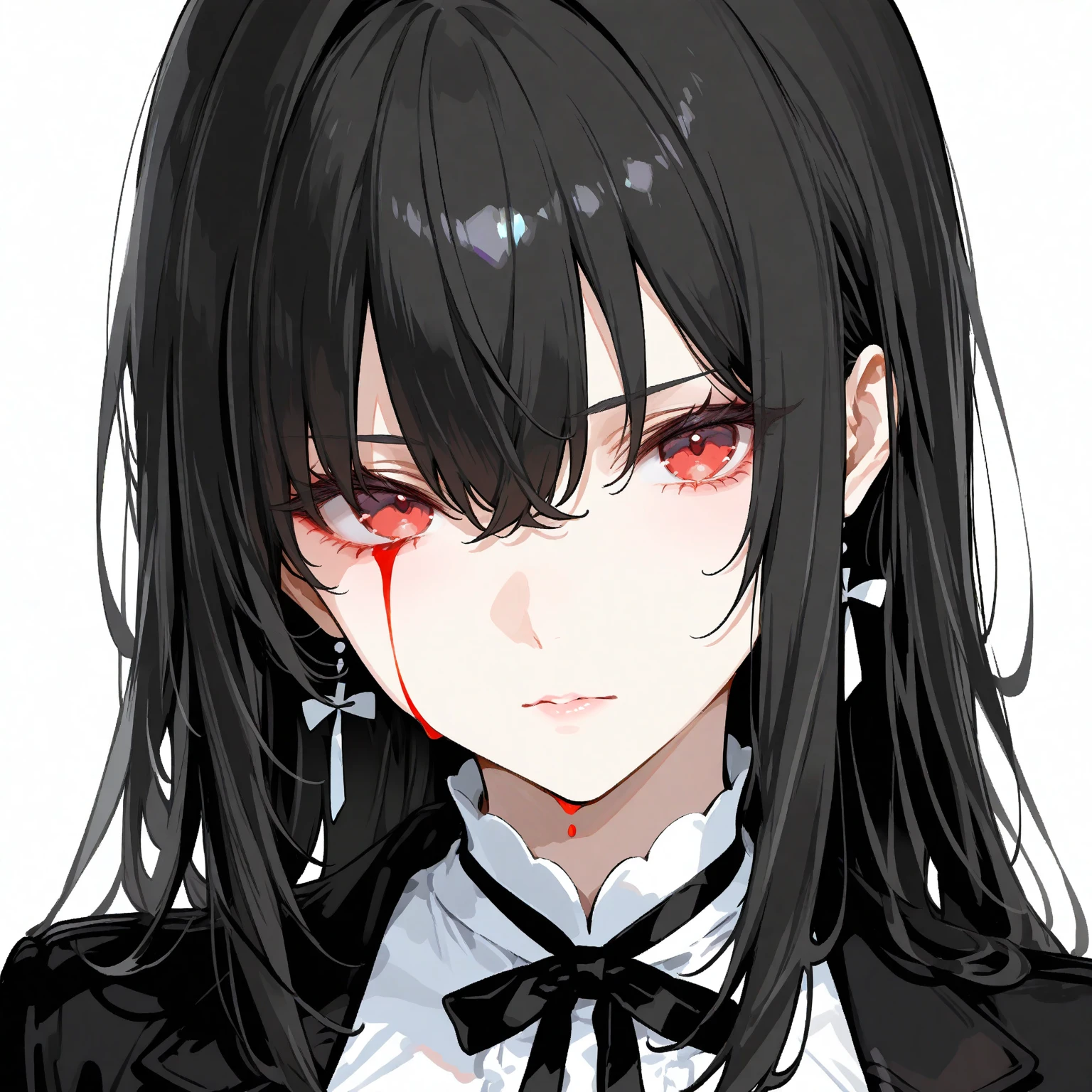((masterpiece)), Best quality, Ultra high resolution, extremely detailed, Bright lighting, difficult, psychedelic, One, Sideways to the camera, high contrast, deafening, emotional, surreal, Gradient detailed gray-black eyes, Model Figure, long black wavy hair, blood, demonic, fracture, White background, depressive, dark gothic style, Dead Inside, horror, Anime IRL, realistic shadows, fractures, Gloomy atmosphere, Proud Face, white krills cover half of the face, blood на лице