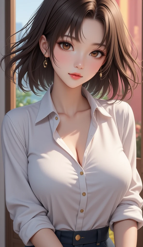 masterpiece, top quality, best quality, official art, beautiful and aesthetic,, , 1female, solo, women, mature figure, (black hair:1.2), golden pendant earrings, golden hair pin, male pov, bedroom, summer afternoon, flirting, (white tight skirt:1.5), charming and enchanting, touching earlobe ,