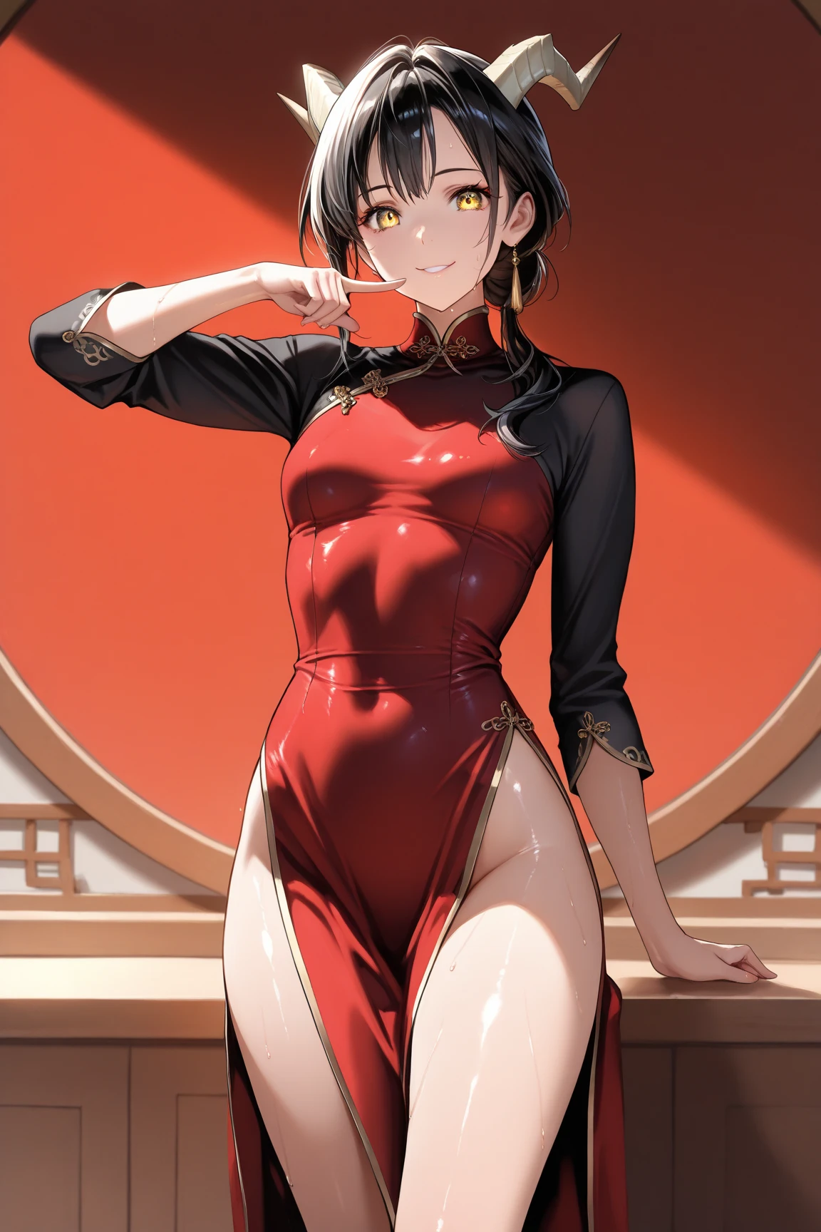 masterpiece,(official art:1.2), Ultra detailed, unity 8k wallpaper,(realistic:0.8),ultra high res,absurdres,
1girl 17_years_old,Black hair with brown mesh, short bob hair,(sidelocks:1.0),A tomboyish girl,blue eyes,flat chest,(curvy:0.8),
In front of Tiananmen Square in China, red cheongsam, no sleeves, kung fu stance,
armpits, groin, thighs, (upper body:1.1),Shoulder out,Raise your knees,(Knee kick:1.2)