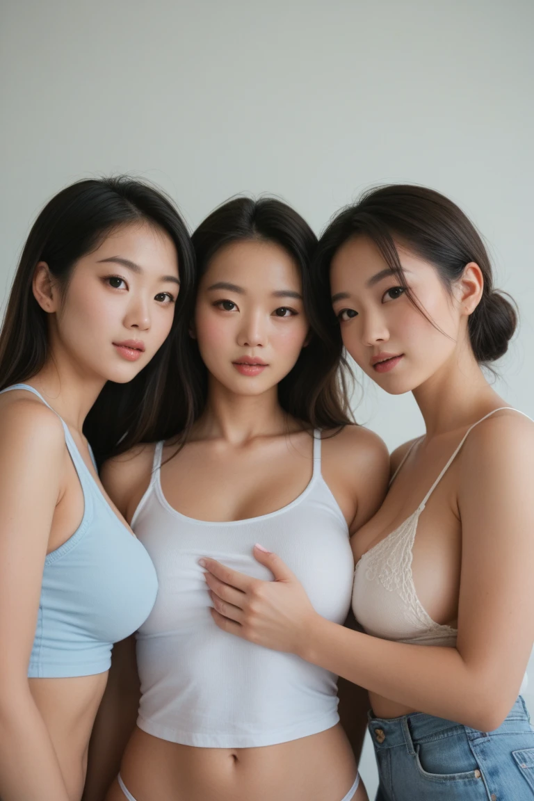 ((super high quality、High resolution、masterpiece、 Anatomically correct、Super detailed photos、Ultra-realistic photos、 Highest quality))、(3girls)、looking at viewer、((from front))、(upperbody shot)、(School teacher:1.2)、(brassiere)、((White business shirt))、(huge breast:1.2)、Small waist、Detailed face、Perfect figure、Brown Hair、medium hair、Empty classroom、((Get closer to my chest３People Women:1.2))
