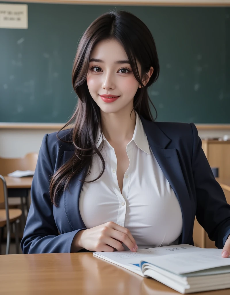 (highest quality、table top、8k、best image quality、Award-winning work)、one beautiful female teacher、(alone:1.1)、perfect beautiful composition、(Huge breasts that are about to burst:1.1)、cleavage、(emphasize body line:1.1)、(very long hair:1.1)、(slender body:1.1)、toned very thin waist、(Classy glasses:1.1)、(Perfect and precise navy business suit:1.3)、look at me and smile、(Blurred classroom blackboard background:1.3)、(woman standing in front of a blackboard:1.1)、stand gracefully、perfect makeup、Bewitching、Overflowing sex appeal、Ultra high definition beauty face、ultra high definition hair、Super high-definition sparkling eyes、(Super high definition perfect beautiful teeth:1.1)、(Clear and accurate beautiful teeth:1.1)、(Super high resolution glossy skin:1.1)、Super high resolution glossy lips、glossy and bright lips、accurate anatomy、(very bright:1.1)、(The most moody and romantic evening:1.1)、(close up of face:1.1)