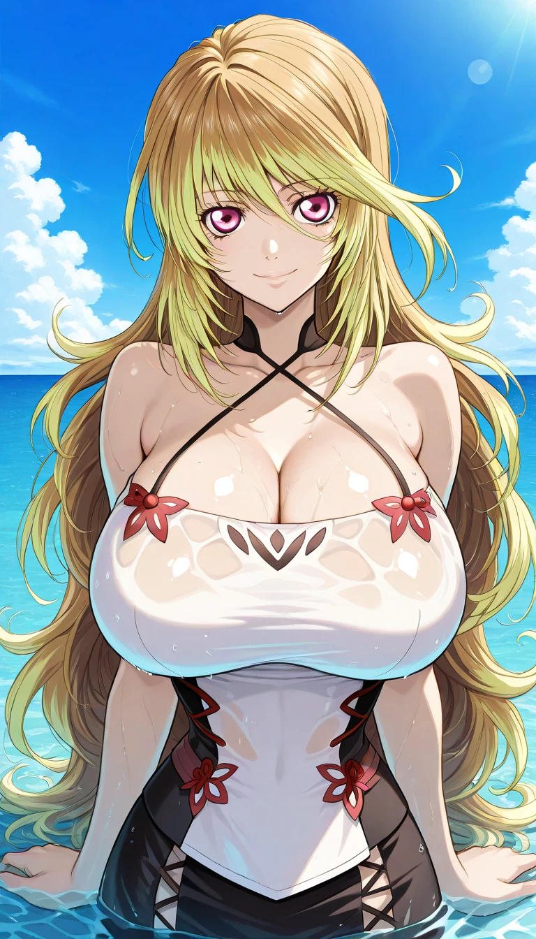 (anime art style:0.1), 2d, masterpiece, best quality, (very aesthetic:1.5), absurdres, dynamic shadows, atmosferic, (kitagawa marin), (1girl), ((blonde hair)), bob cut, long hair, (red eyes), sparkle eyes, detailed eyes, eyelashes, ahoge, hair between eyes, bangs, medium breasts, makeup, lipstick, (curvy body), smile, magical girl, pink bikini, micro bikini, ((cowboy shot)), looking at viewer, grabing own breasts, standing, legs apart, (from front), sky, clouds, beach, city, night