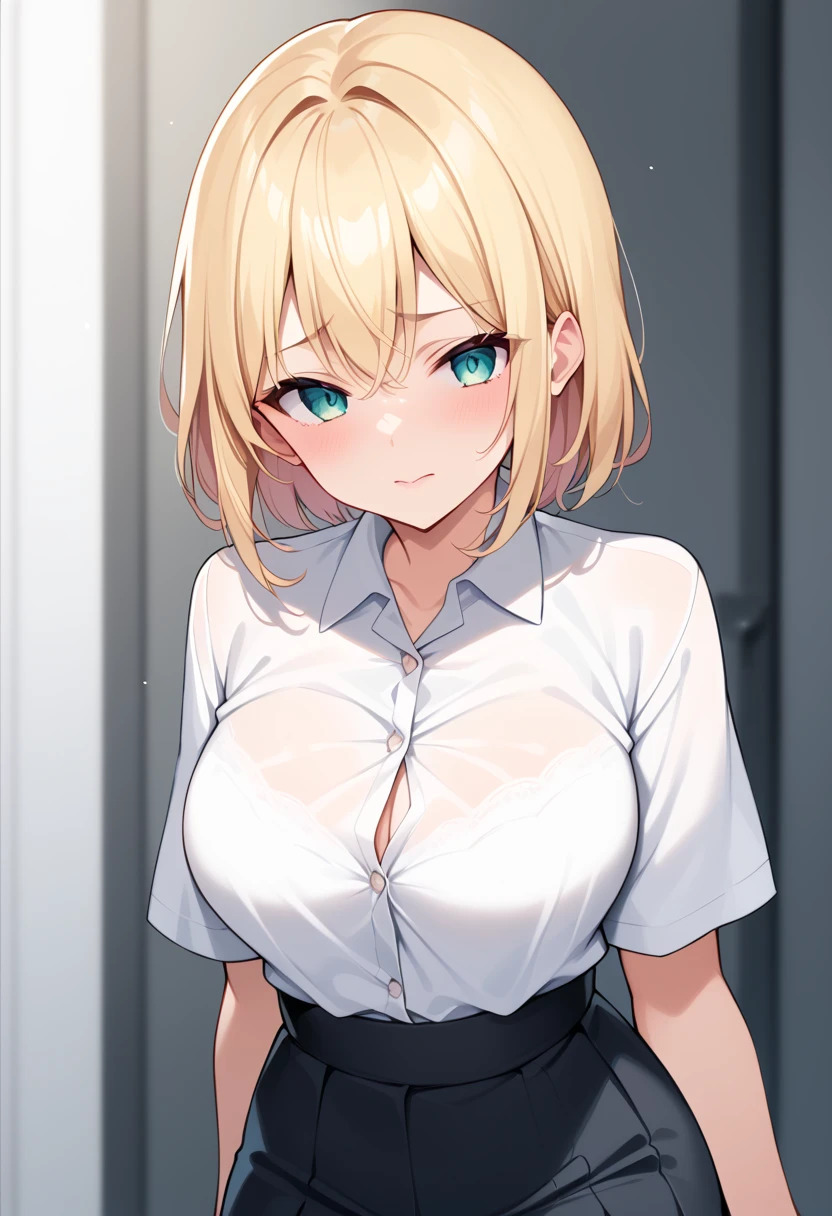 masterpiece, Highest quality, High resolution, (Artificial Human Room No. 18),1990s \(style\),(E-cup beautiful breasts)、height: 170cm,Sweating all over the body、vapor、Muscular、((sexy))、(sex),(nsfw),(M-shaped legs),Sweaty、(Breasts spilling out of clothes),独奏,Anime-style painting style, blonde hair, Blue eyes, belt, jeans, pearl_necklace, bracelet, black gloves, white shirt, short hair, short sleeves, earrings, blue short pants, open vest, black vest,middle breasts,Composition focusing on the upper body,(Cool face)、Pointed eyes,A face writhing in pleasure,Kissing expression、Sticking out tongue