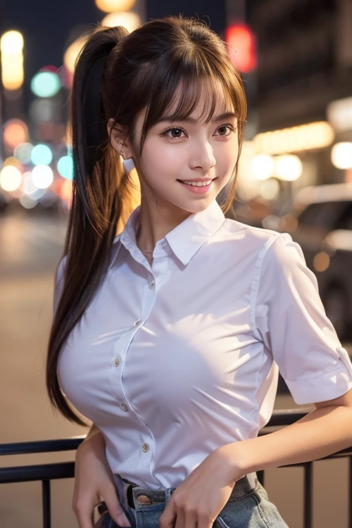 (Highest quality,Masterpiece:1.3,Ultra high resolution,),(Extremely detailed,caustic soda),(Real photos:1.4,RAW shooting,)Ultra-realistic image capture,very detailed,High resolution 16K close-up of human skin.。 The skin texture is natural.、,that pore、、、、It must be detailed enough to be easily identifiable.。 The skin should look even-toned and healthy.。 Use natural light and color,restaurant,Waiter uniform,1 woman,Japan,18 years old,cute,black hair,ponytail,big breasts,smile,Turn your body forward.,(front view:1.1),Look at the camera,cowboy shoot,