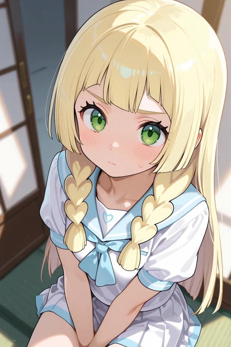nsfw,,1 person,Sweat,White Breath,solo,,Pokémon,Lillie,(Cleavage voyeur),Leaning forward,room,(Small breasts),View from above the parka