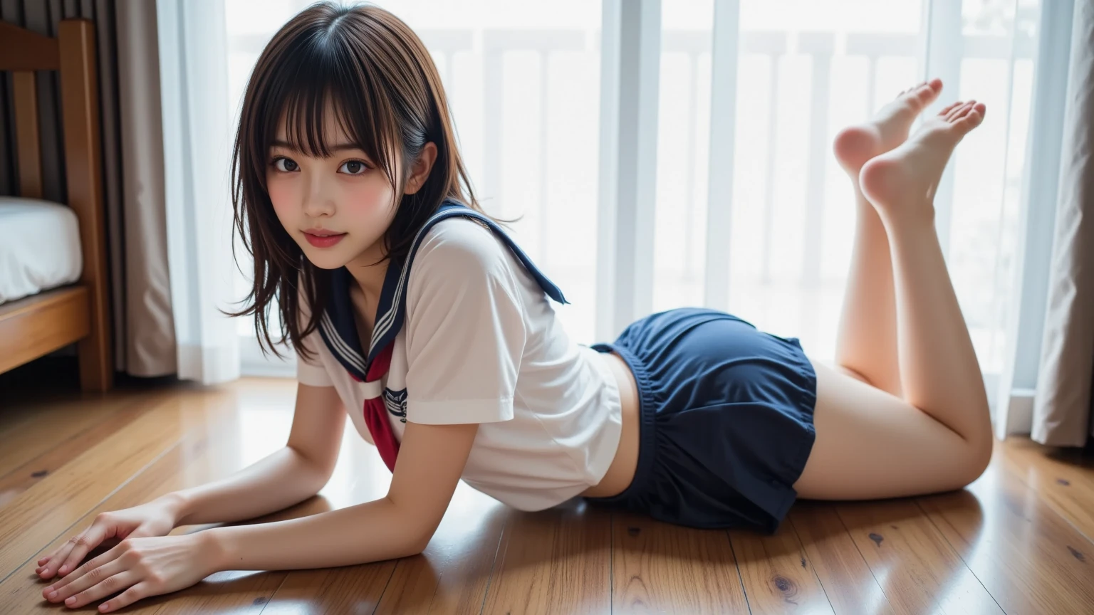 (sexy panties:1.3),(realistic silk panties:1.3),(white panties:1.1),(Looking directly at Viewer:1.3),(Big eyes:1.2),(double eyelies:1.3),(long eyelashes:1.2),(Extremely beautiful face, Beautiful lips, Beautiful eyes),(big smile:1.3),(happy smile:1.3),32K,pink checked skirt, Japanese school uniform, brown loafers, loose socks(beautiful teeth:1.1), masterpiece, Raw photo, Best Quality, Photorealistic, Highly detailed CG Unity 32K wallpaper, intricate detailed face, ((Ultra detailed skin)) Super Idol, Clear eyes, thick thighs, drooping eyes