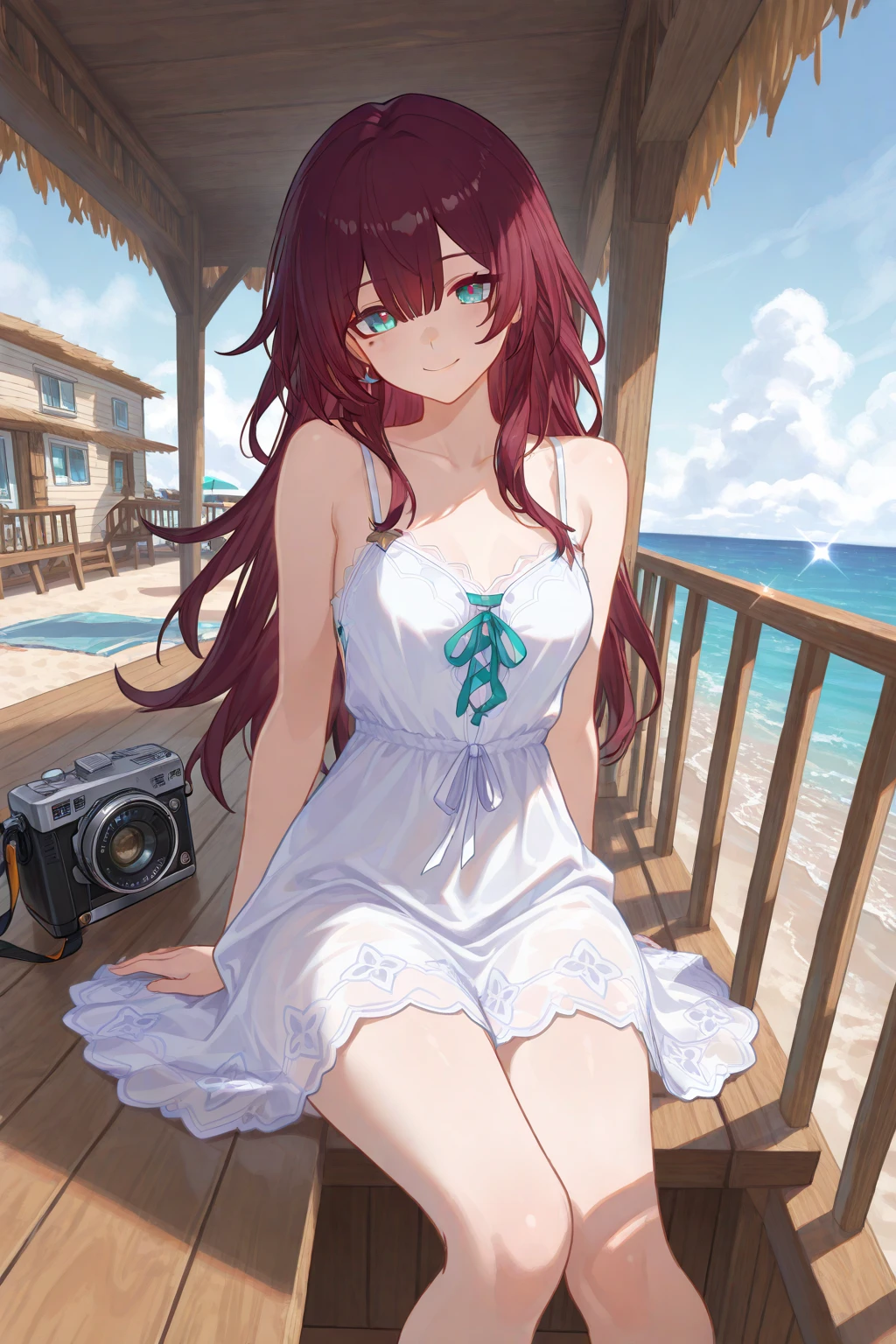(8K、top-quality、​masterpiece:1.2)、(realisitic、ultra-detailliert、超A high resolution,beautifull detailed face,perfect body,beautiful clavicle,perfect lighting,constriction,beautiful detailed skin,skin texture,(1girl),(frilled blouse,white blouse,long skirt,sandals,glasses),holding parasol ,(long hair,blaid hair, red hair, purple eyes.bangs),beautiful scene,professional lighting,,dawn,in hawaii,diamond head,resort hotels,palm tree,beach,fluffy hair,flufiy skirt,lovely smile,calm,cute and beautify face,shiny skin,sexial attractive
