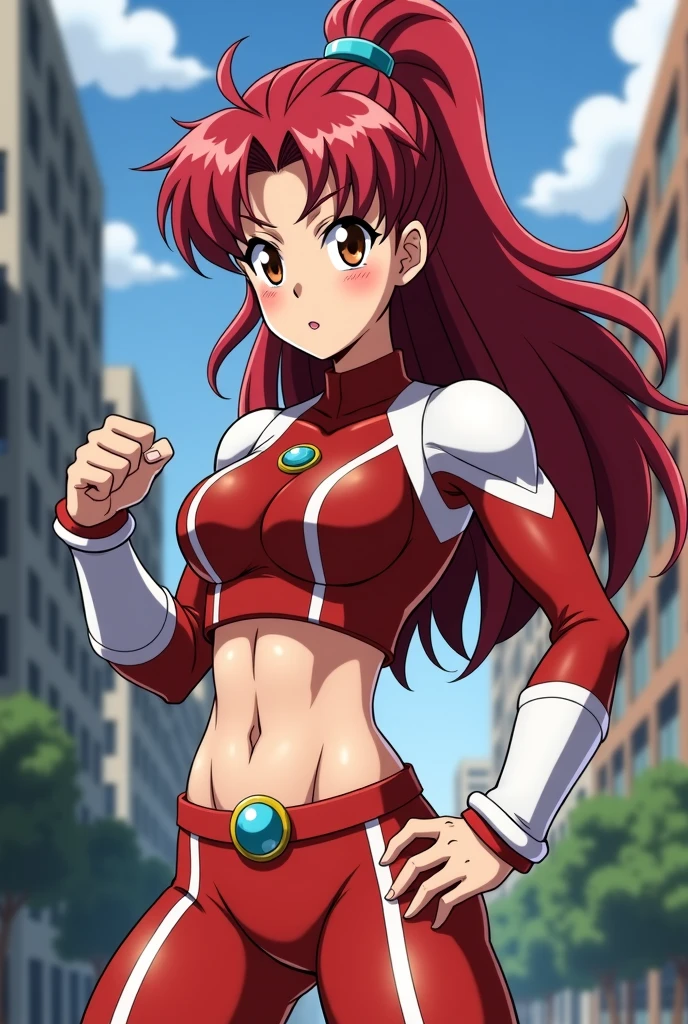 (masterpiece, , 4K, Best Quality, Anime style: 1.9,, Adult Woman, ultra detailed face, (cloud background, wrestling), Drawing lines, high resolution, Anime, lacus4), 1girl, Solo, curvy figure, Long hair, 鎖骨, scapular, (Detailed wide hair bangs, Hair Ornament, Detailed reddish-pink hair, golden crest), cleavage, large hands, (pro female wrestler). (Big blue eyes, shiny eyes), ((female wrestler, little biceps, slender body, broad shoulders, closed fists)), ((perfect proportions, medium breasts, cleavage, long belly)), (((pink wrestling outfit))), smile, closed mouth, (belly dancing, looking at the viewer),