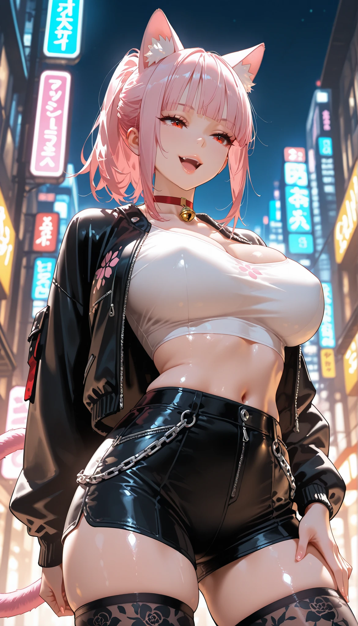 masterpiece, woman in a Magenta turtleneck and Cotton Candy Pink micro shorts is standing next to a Riverboat with a cyberpunk background, bracelet, white hair, Jewelry, Mail, Lips, living hair, cosmetic, huge乳房, Diaphragm, nail_polishing, Umbilical cord, Friendship charm, nose,   Practical, shorts, Solitary, Tattoo,Wristbands, Dynamic Lighting, Mood lighting, Perfect eyes, Clear focus, 8k HD, Very detailed, complicated，(huge乳房:1.2),Moist skin，huge , Crazy breast swelling, Chest larger than shoulder blades, Big breasts and thin waist，(huge breasts:1.2)，Hydrated skin（（rogue））（（非常huge乳房）），（（Grooves reveal original skin））