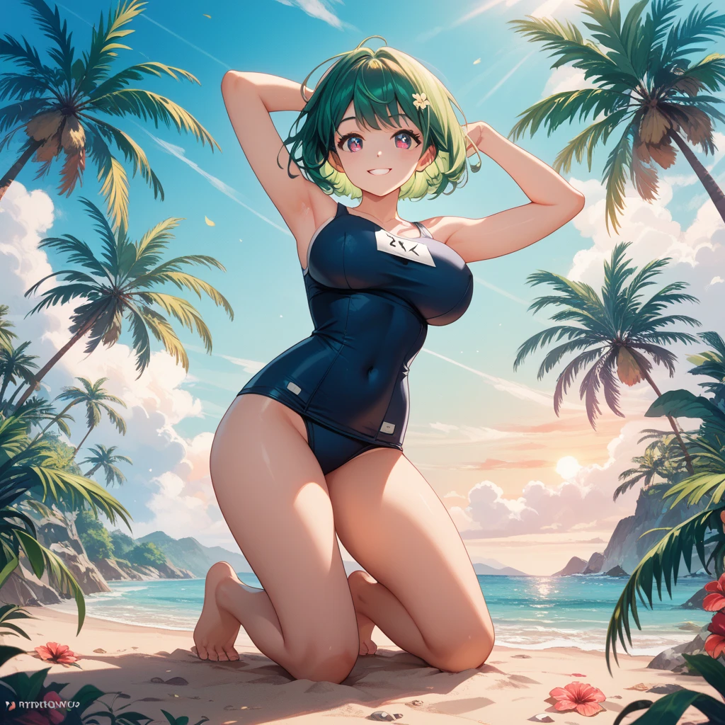 (((best quality)), ((masterpiece)), (details), masterpiece, best quality, high quality, ulutra detailed, perfect face, ((1girl, blue eyes, cat ears: 1.3 silver bob hair: 2.5,)) 、Shiny Hair、Glowing Skin、blush、Lustful look、smile、Sunflower print bikini、Sunflower hair accessory、Sunflower field background、whole body、Sexy pose