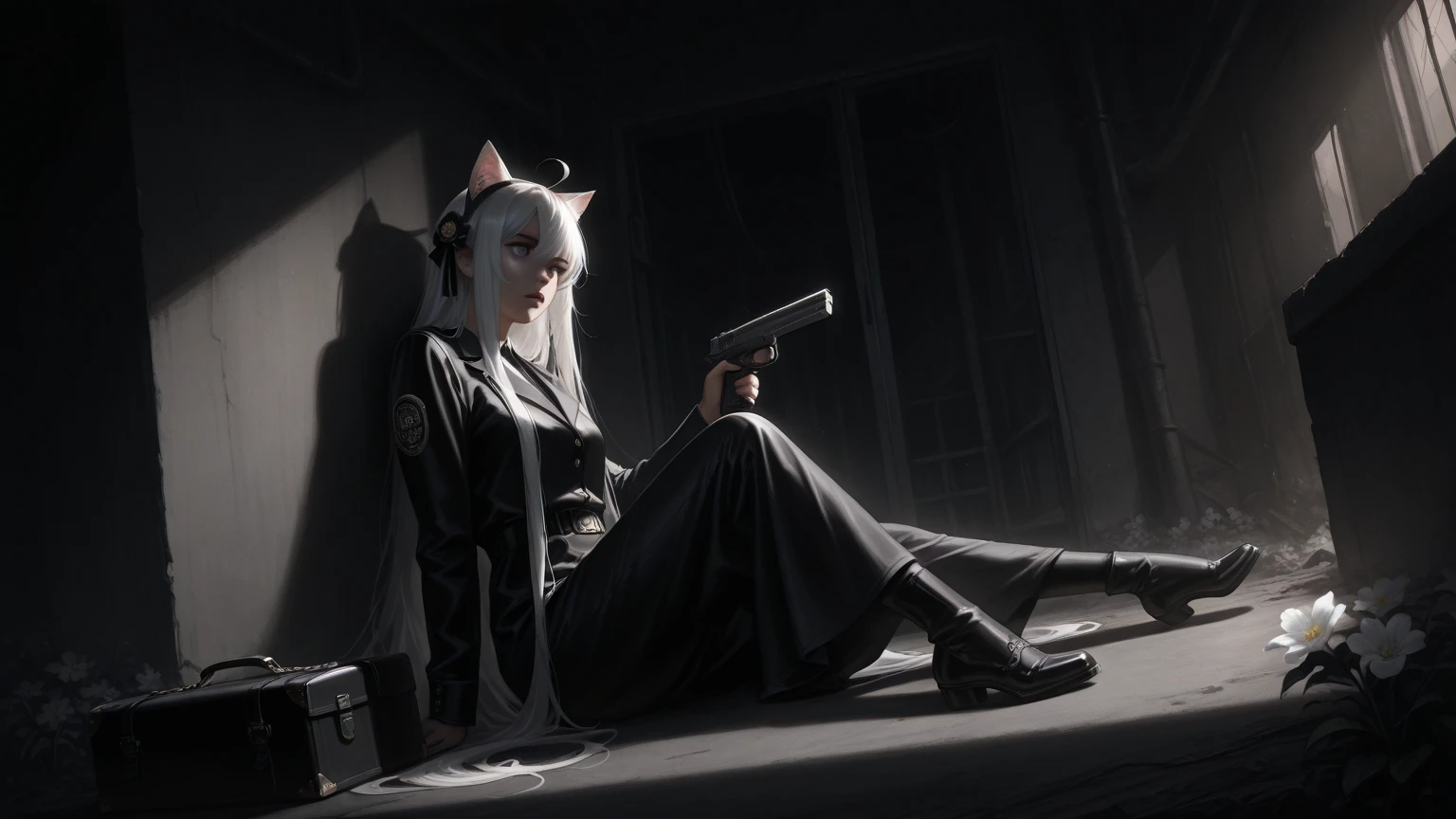 A hyper-realistic、ultra-detailliert、top-quality、hight resolution、Goddess of Japan sitting in a dusty ruin、Viewing and interacting with the tablet、A big gun is placed、voluminous gray long hair,、Large goggles with antenna on forehead、Wearing a necklace with a dog tag from neck to chest