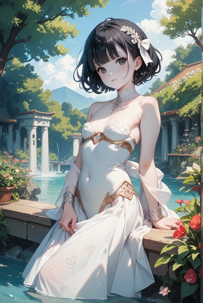 masterpiece, highest quality, One Girl, Thighs, beautiful girl, Flowers, Lots of small petals, Small waist, Large Breasts、RAWphotograph,Hands are precise、Face Light, Dynamic Lighting, Ultra-realistic, High resolution, photograph, Sharp focus, Highly detailed eyes and face,Symmetrical face、After bath