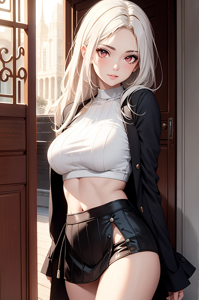 (best quality,high resolution:1.2),Extremely detailed,Practical,photoPractical:1.37,A beautiful girl (Yoruichi Shihouin - Bleach) Fantasy style model,18 years old,Long legs, G cup, Extremely detailed face (Emphasize the orange eyes), dark pink gradually changing to white hair, white short skirt, black bra, exposed shouders,